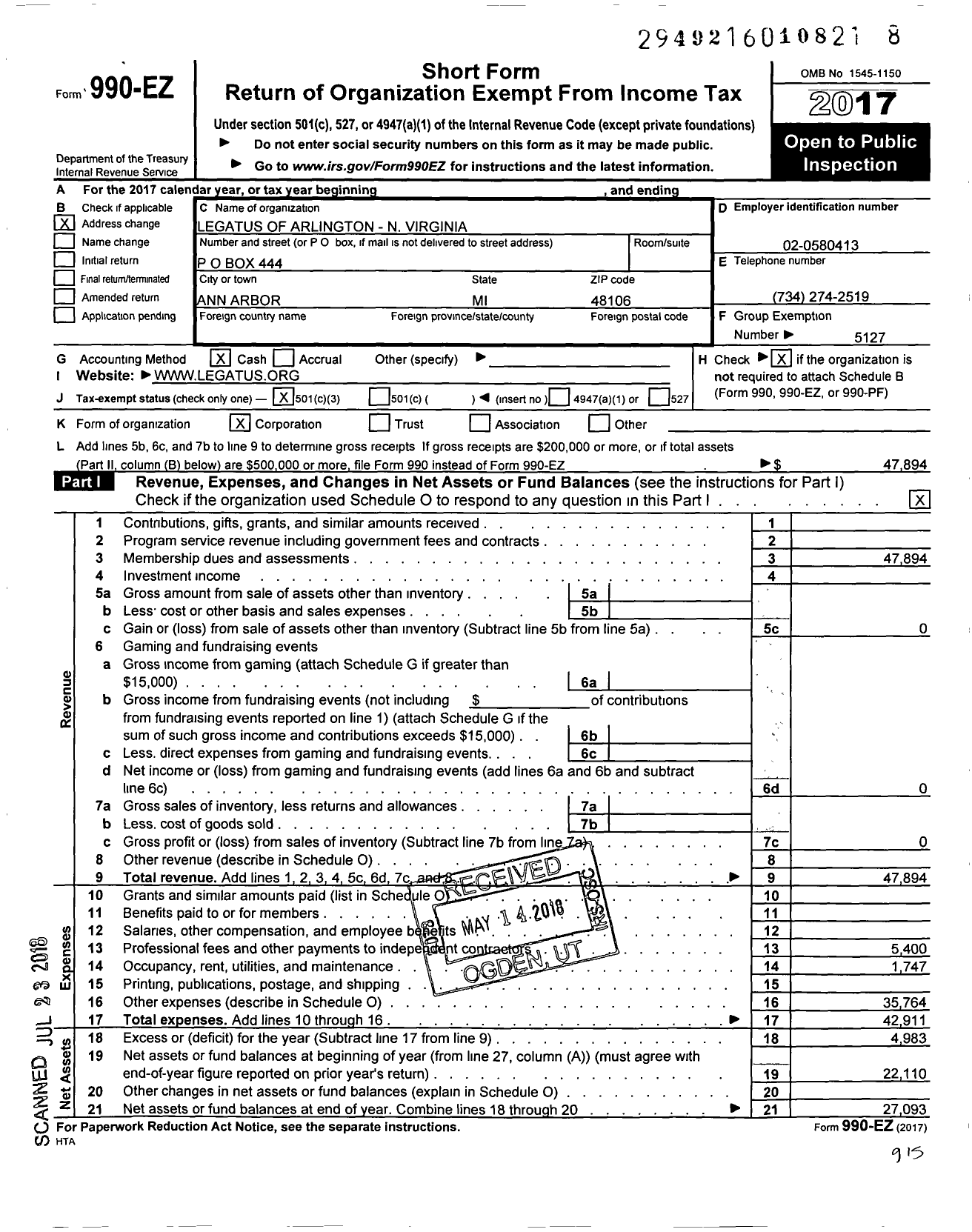 Image of first page of 2017 Form 990EZ for Legatus of Arlington N Virginia