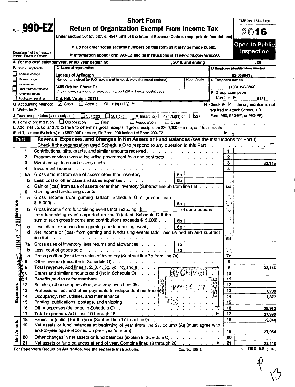 Image of first page of 2016 Form 990EO for Legatus of Arlington N Virginia