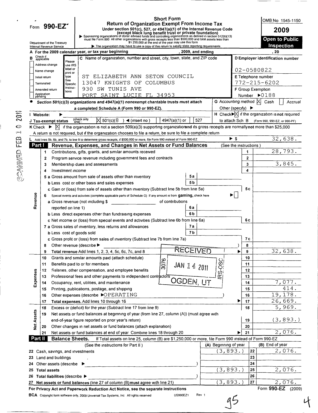 Image of first page of 2009 Form 990EO for Knights of Columbus - 13047 St Elizabeth Ann Setons CNL