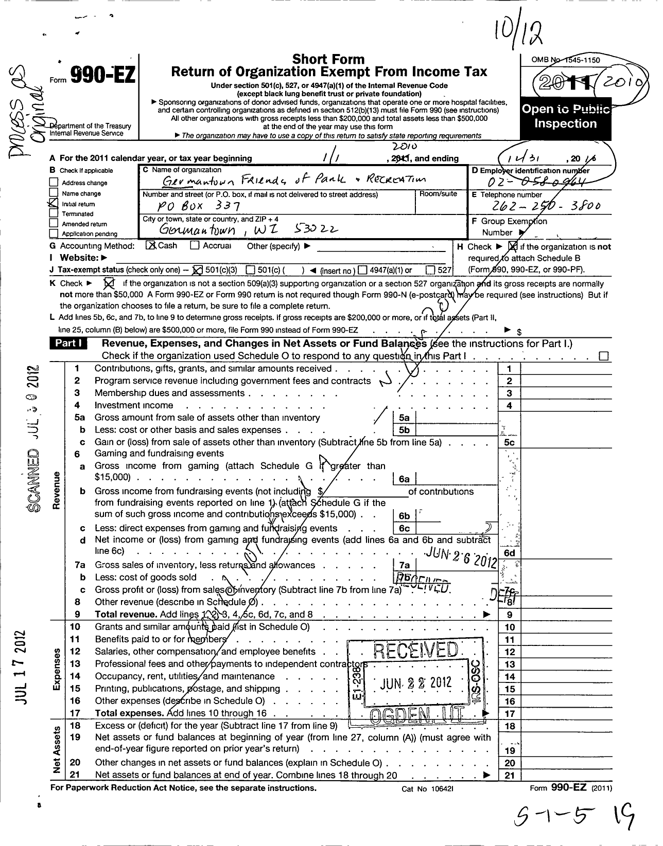 Image of first page of 2010 Form 990EZ for Germantown Friends of Parks and Recreations