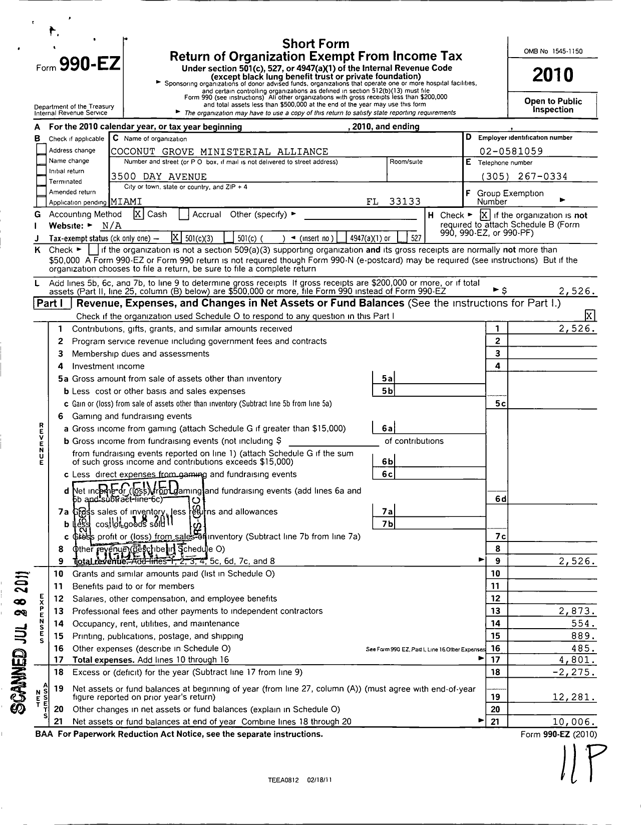 Image of first page of 2010 Form 990EZ for Coconut Grove Ministerial Alliance