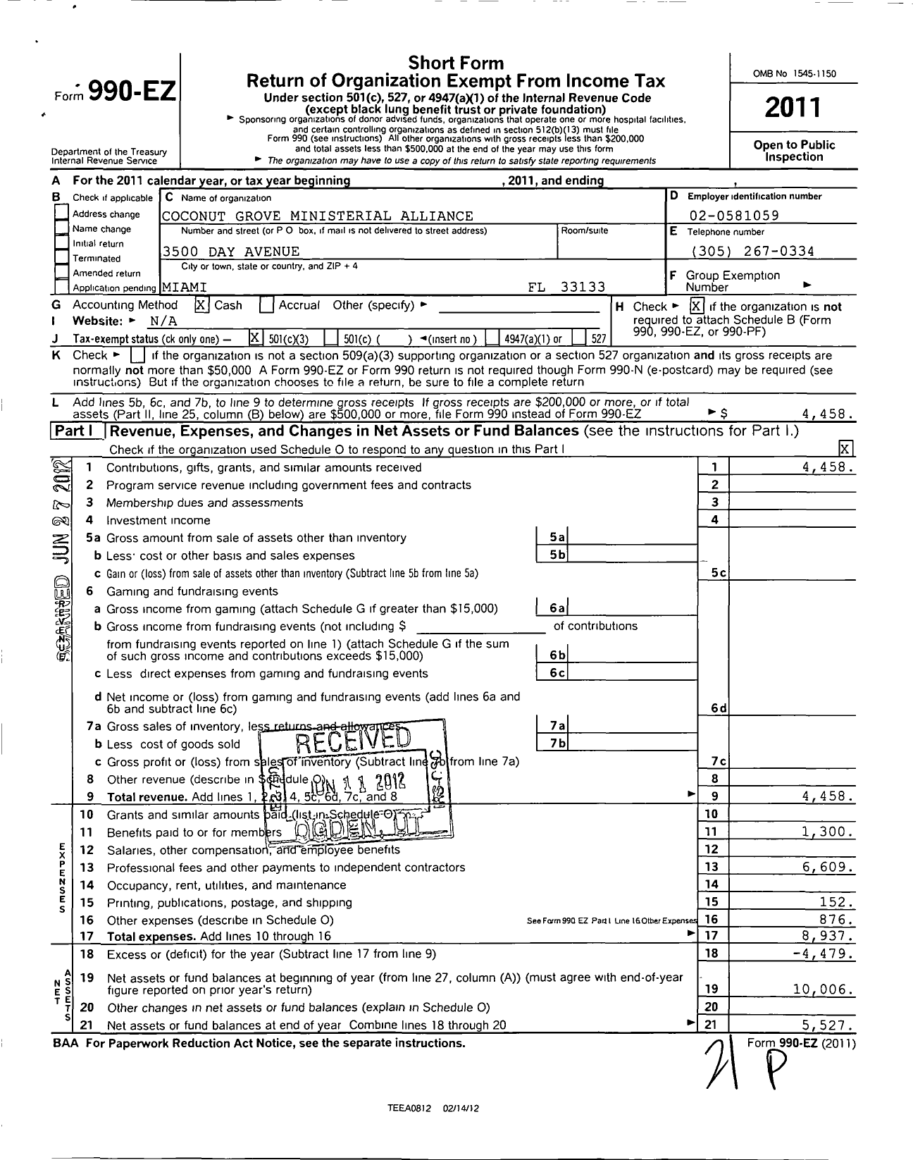 Image of first page of 2011 Form 990EZ for Coconut Grove Ministerial Alliance