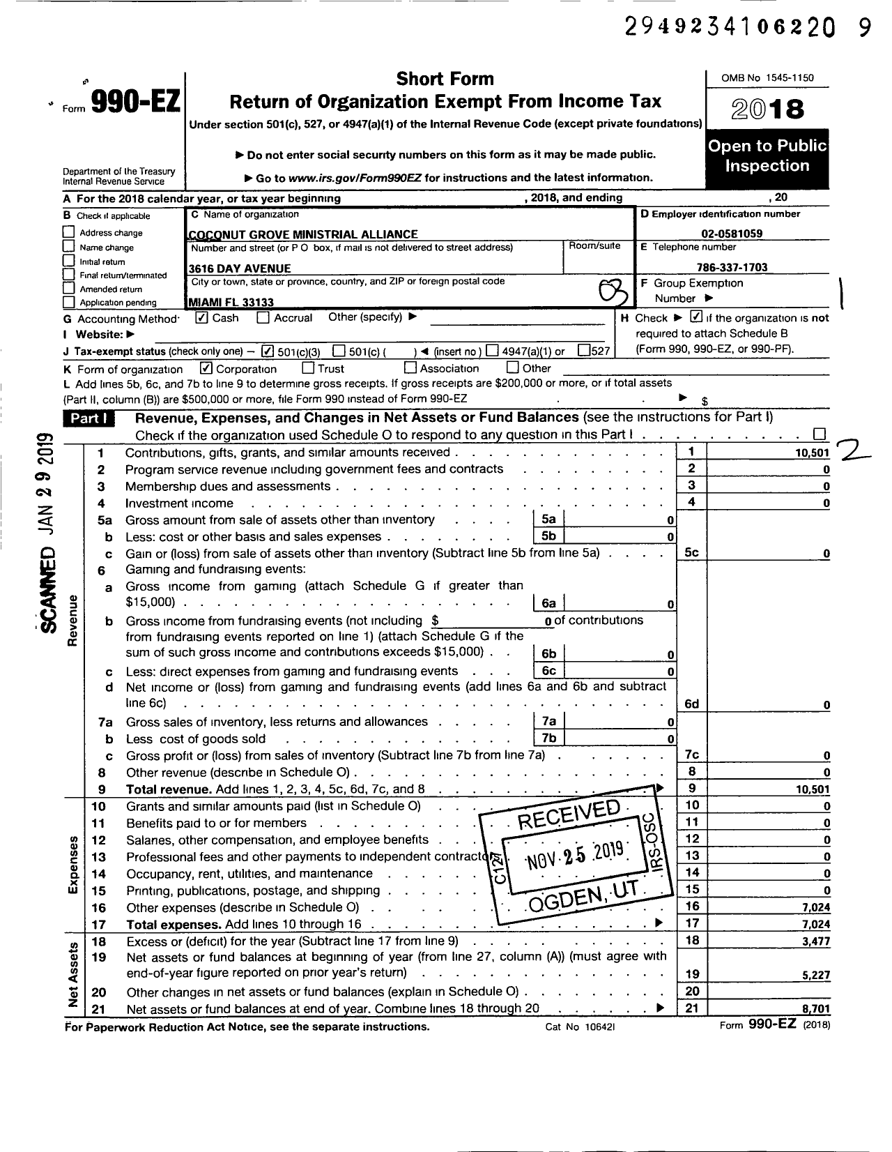 Image of first page of 2018 Form 990EZ for Coconut Grove Ministerial Alliance