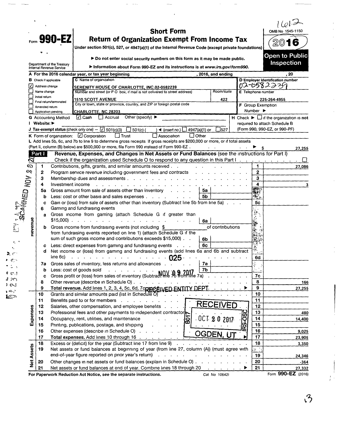 Image of first page of 2016 Form 990EZ for Serenity House of Charlotte