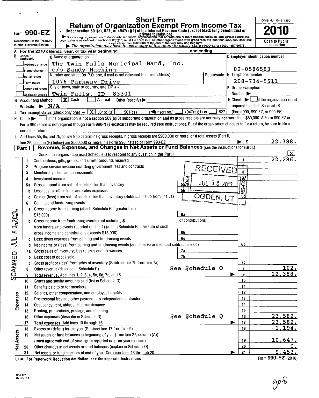 Image of first page of 2010 Form 990EZ for The Twin Falls Municipal Band