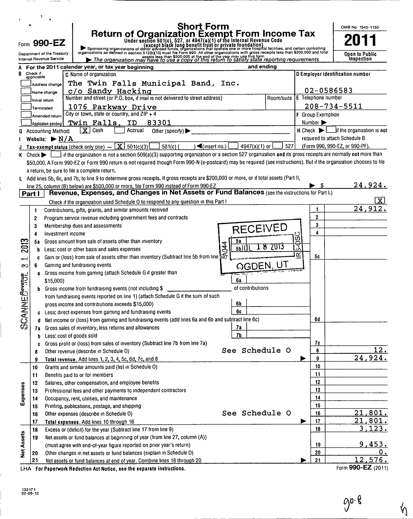 Image of first page of 2011 Form 990EZ for The Twin Falls Municipal Band