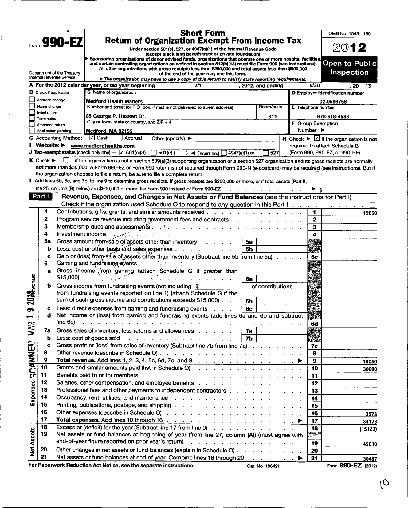 Image of first page of 2012 Form 990EZ for Medford Health Matters