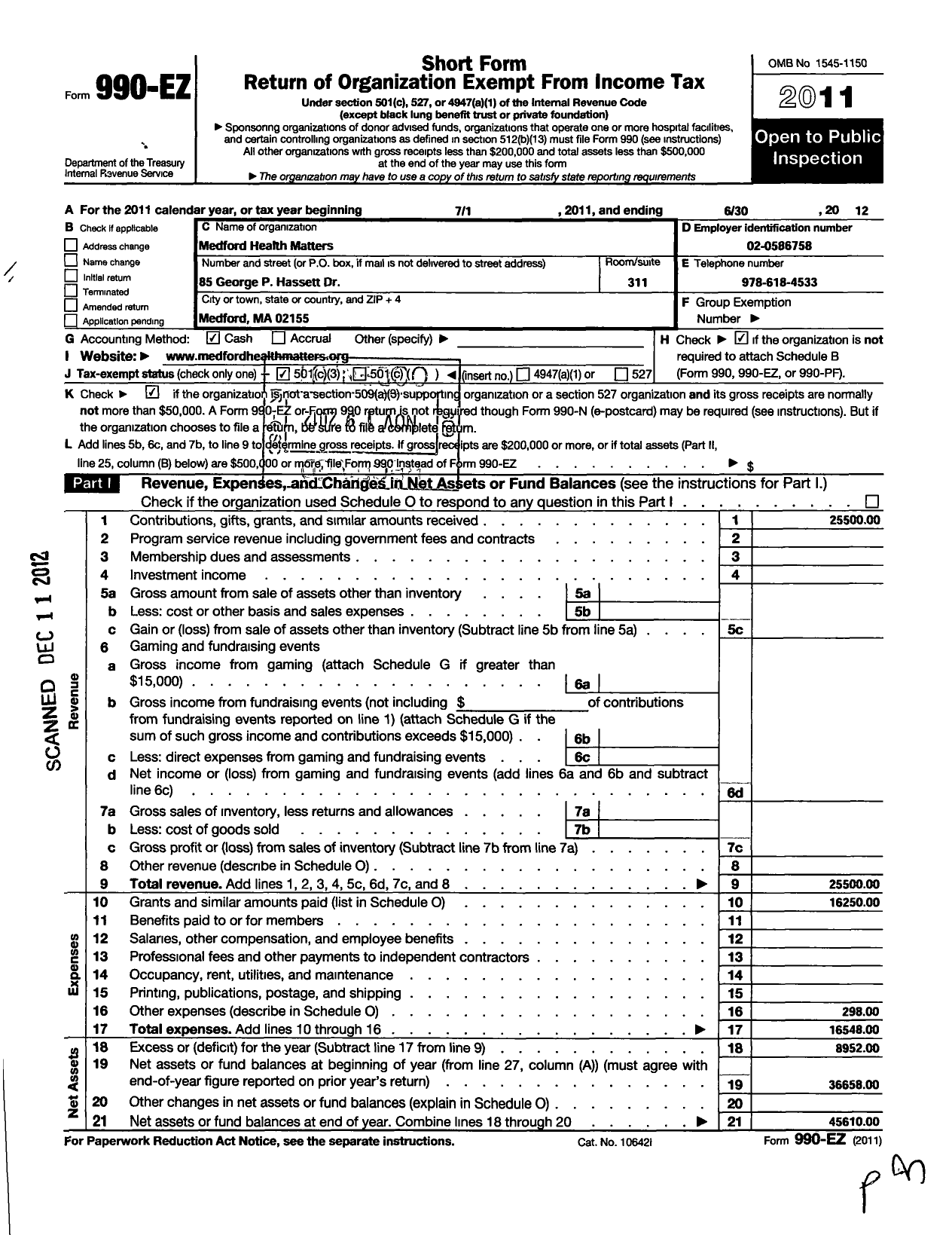 Image of first page of 2011 Form 990EZ for Medford Health Matters