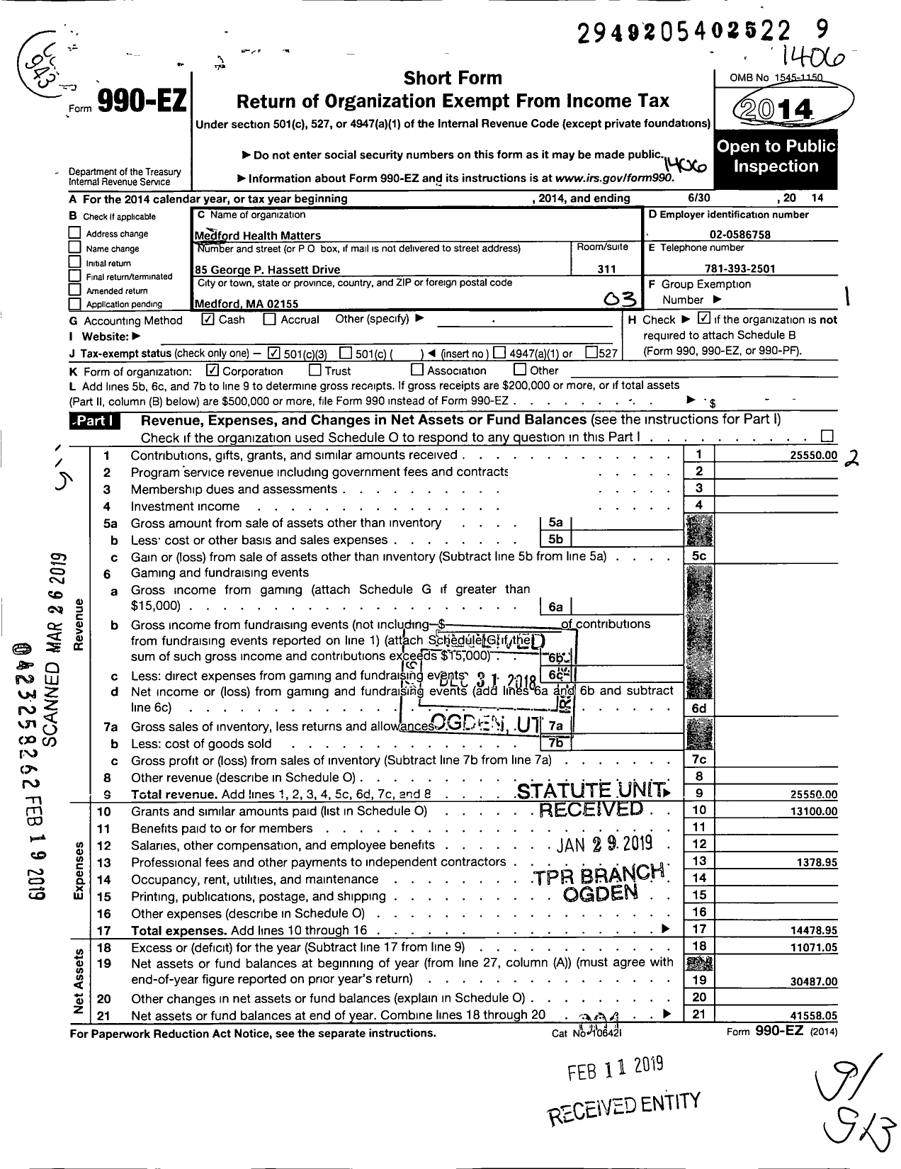 Image of first page of 2013 Form 990EZ for Medford Health Matters