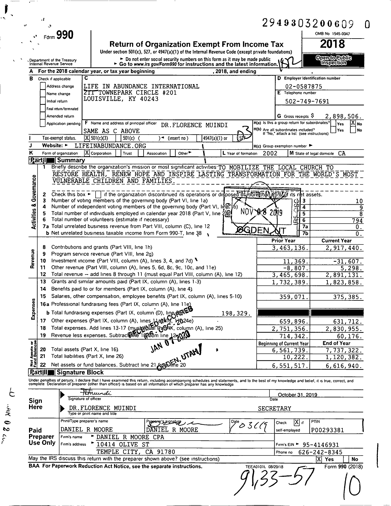 Image of first page of 2018 Form 990 for Life in Abundance International (LIA)