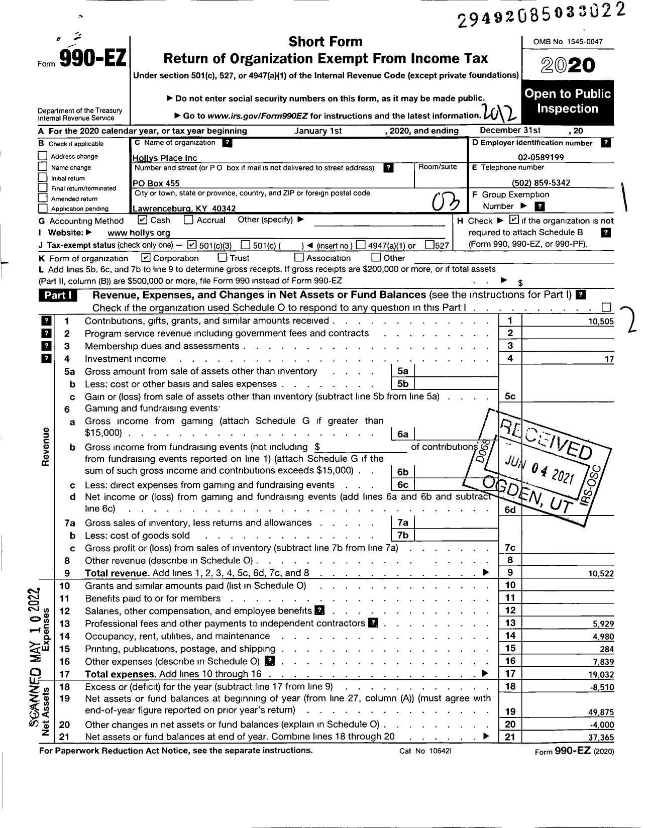 Image of first page of 2020 Form 990EZ for Hollys Place