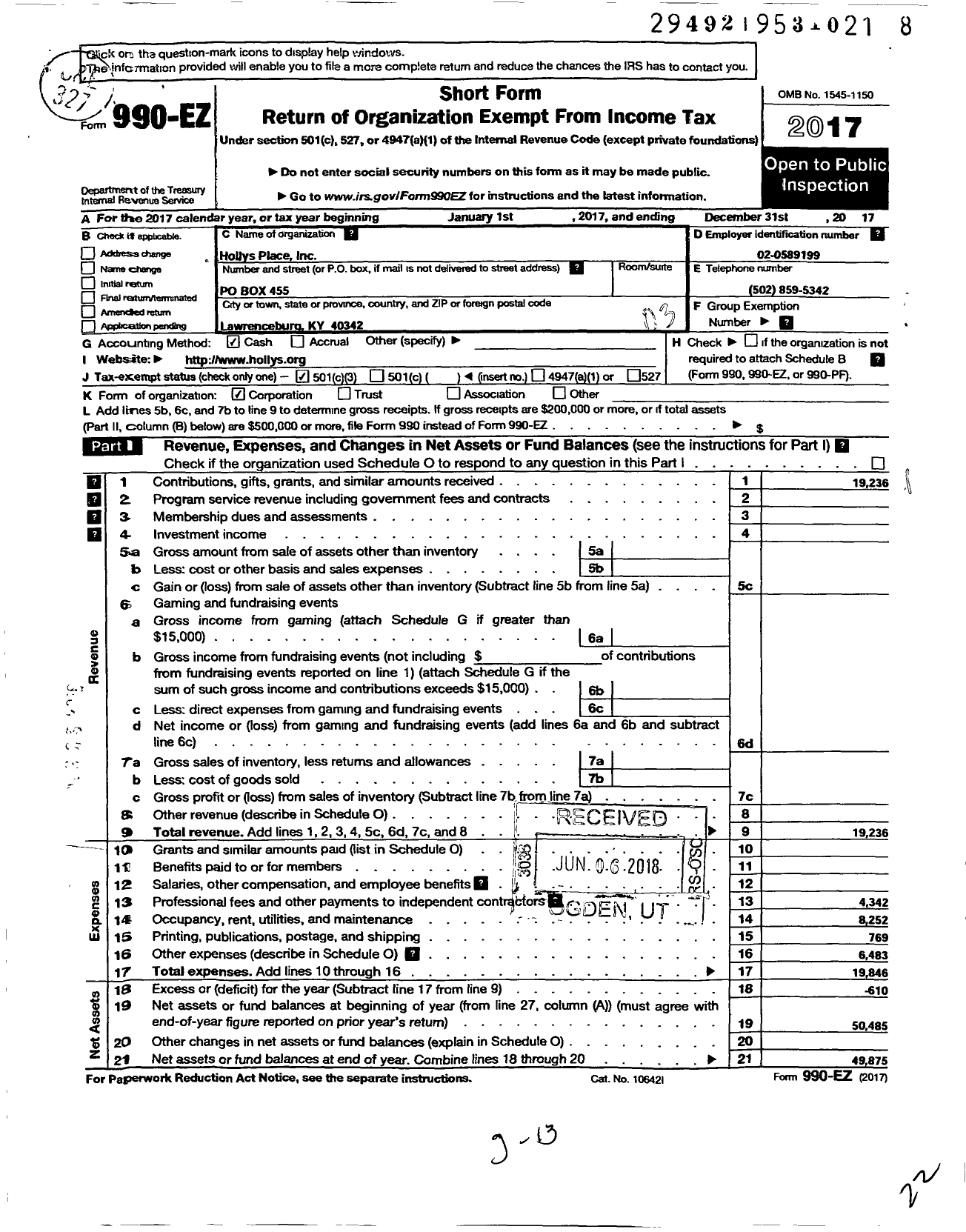 Image of first page of 2017 Form 990EZ for Hollys Place