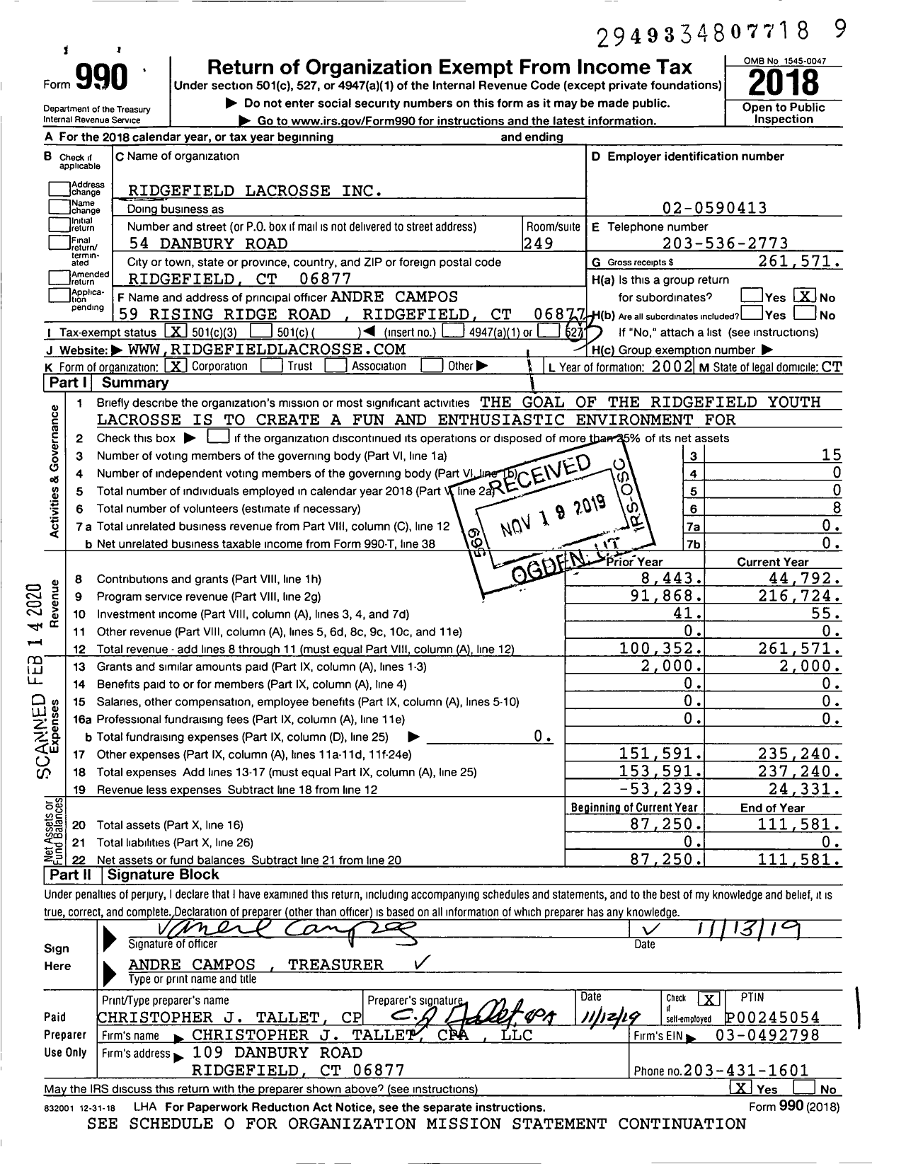 Image of first page of 2018 Form 990 for Ridgefield Lacrosse