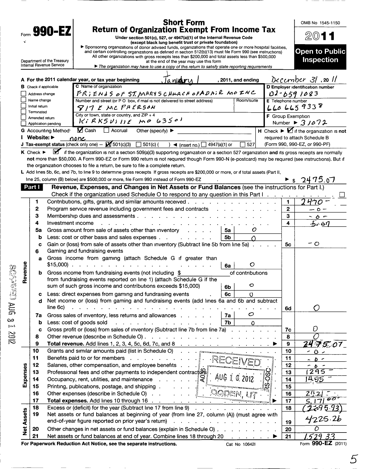 Image of first page of 2011 Form 990EZ for Friends of St Marys Church of Adair