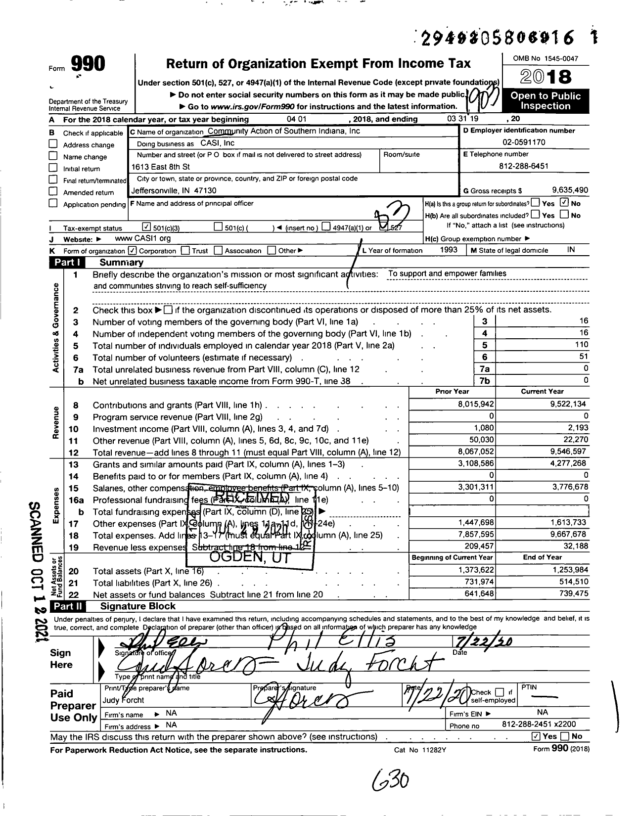 Image of first page of 2018 Form 990 for Community Action of Southern Indiana (CASI)