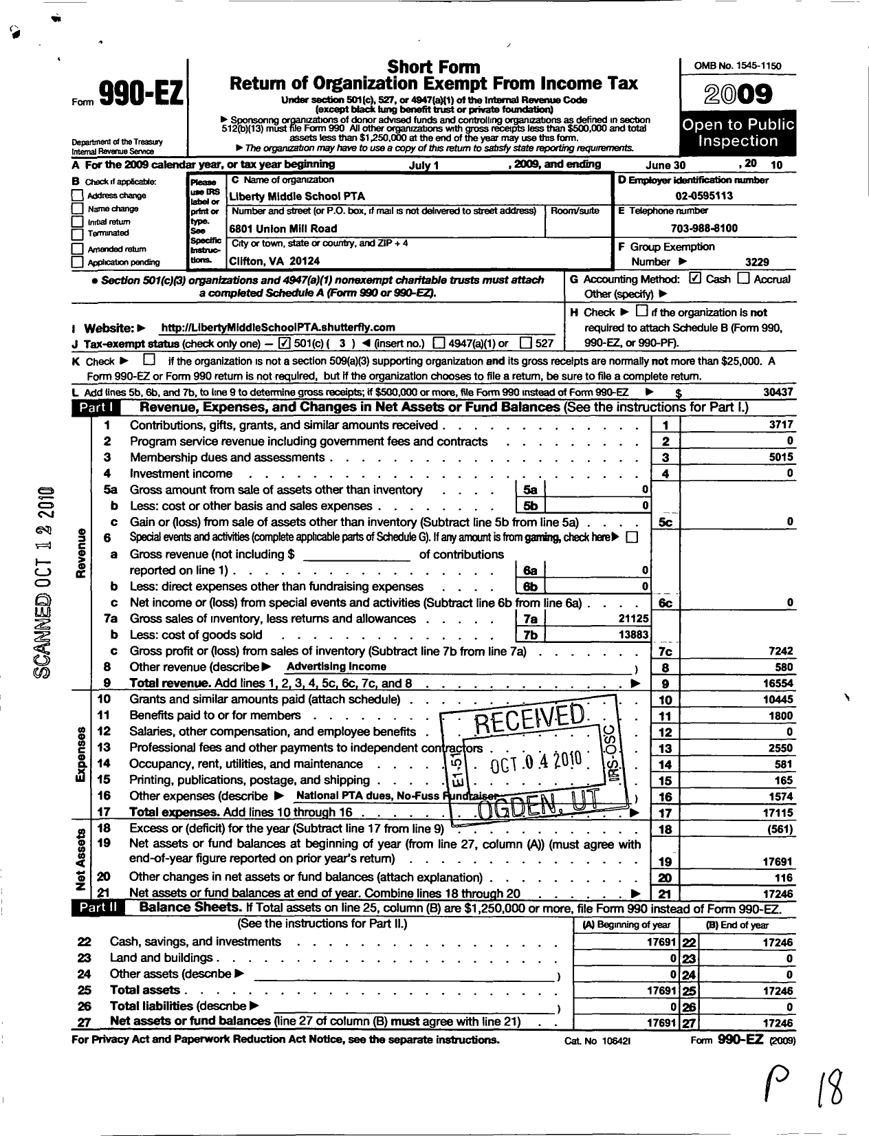 Image of first page of 2009 Form 990EZ for Virginia PTA - Liberty Middle School Pta-Clifton