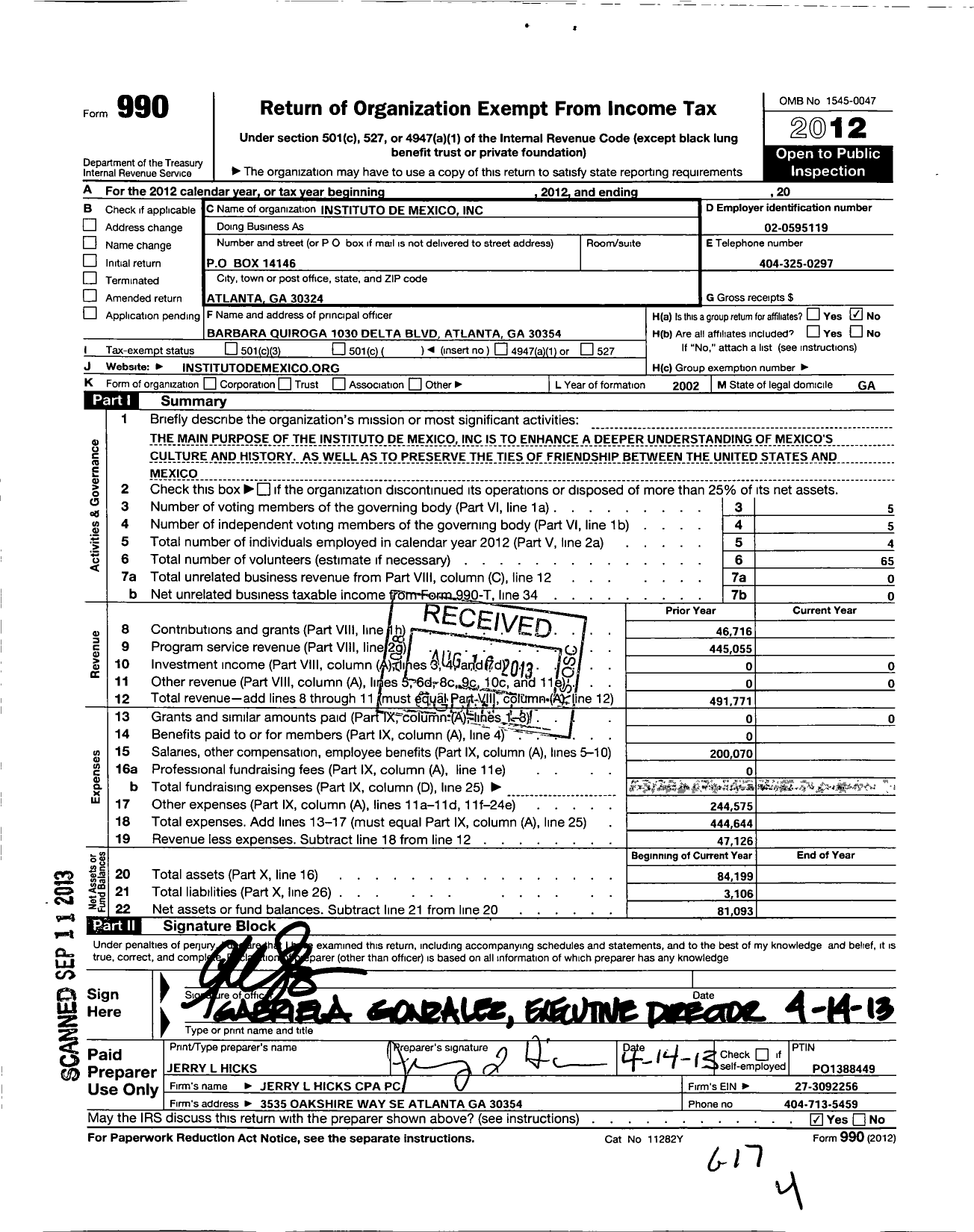 Image of first page of 2012 Form 990O for Instituto de Mexico