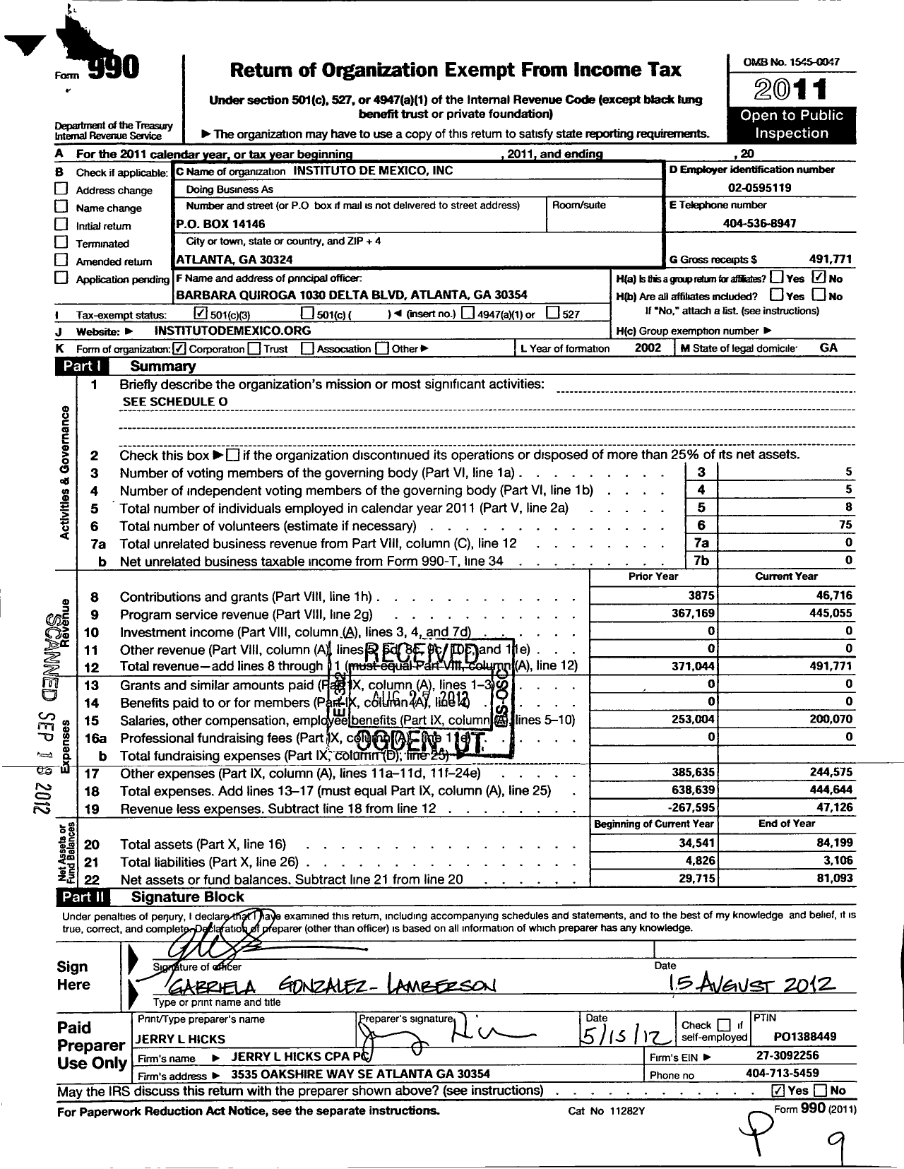 Image of first page of 2011 Form 990 for Instituto de Mexico