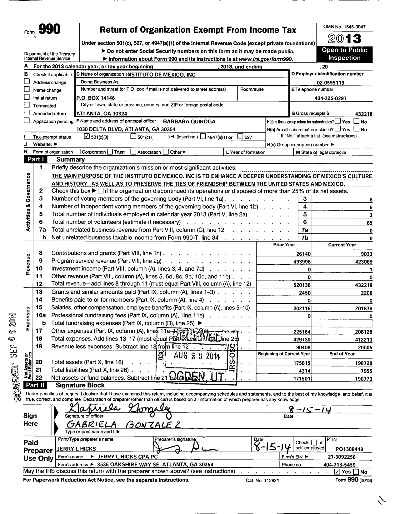 Image of first page of 2013 Form 990 for Instituto de Mexico