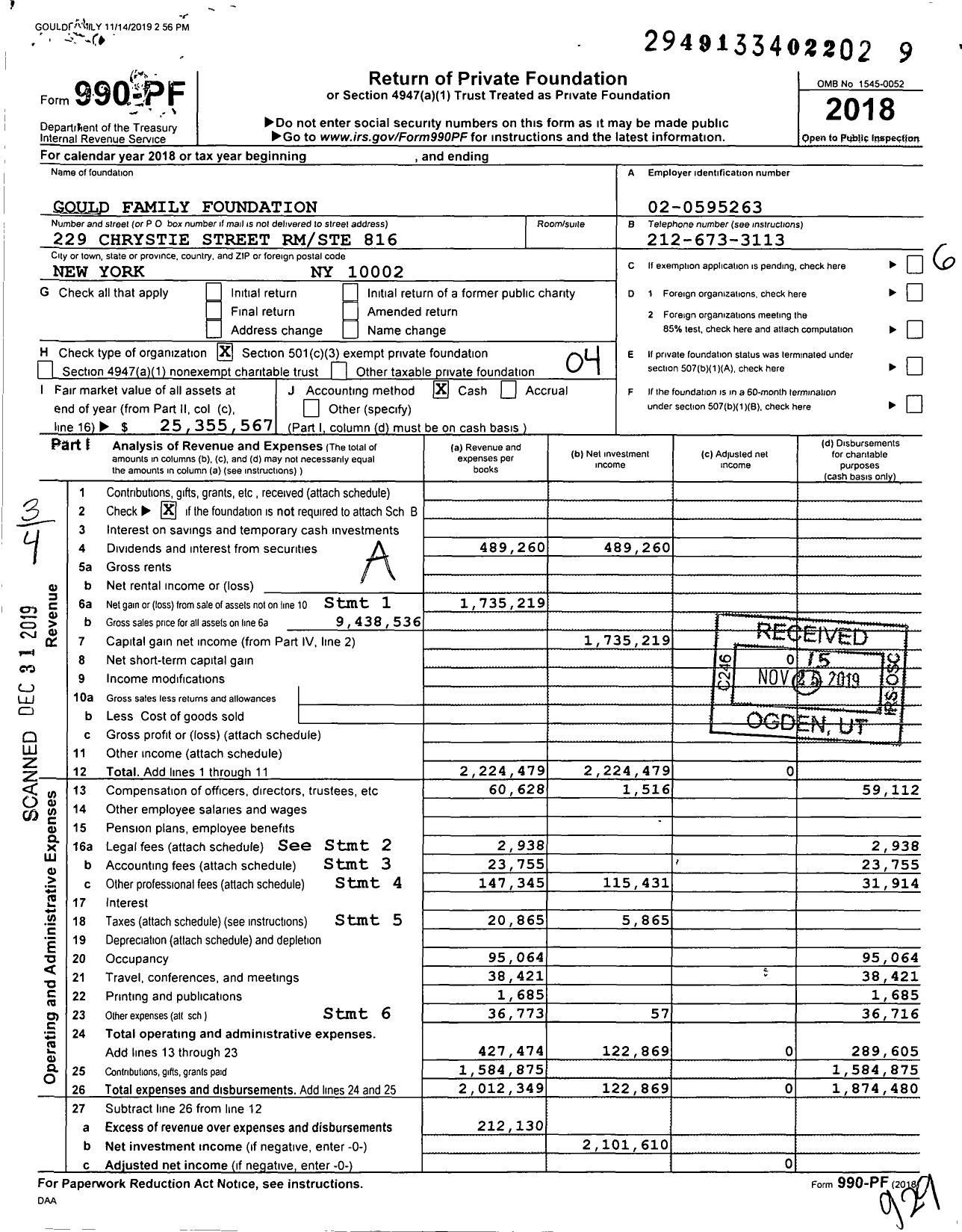 Image of first page of 2018 Form 990PF for Gould Family Foundation / Matthews Edwin S JR Ttee