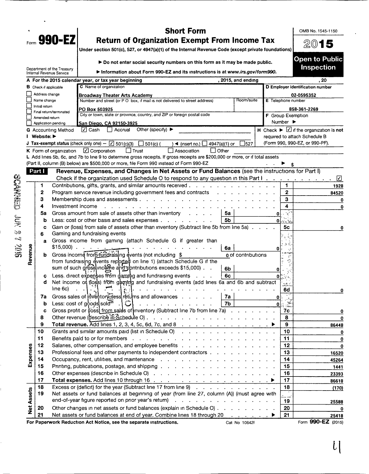 Image of first page of 2015 Form 990EZ for Broadway Theater Arts Academy