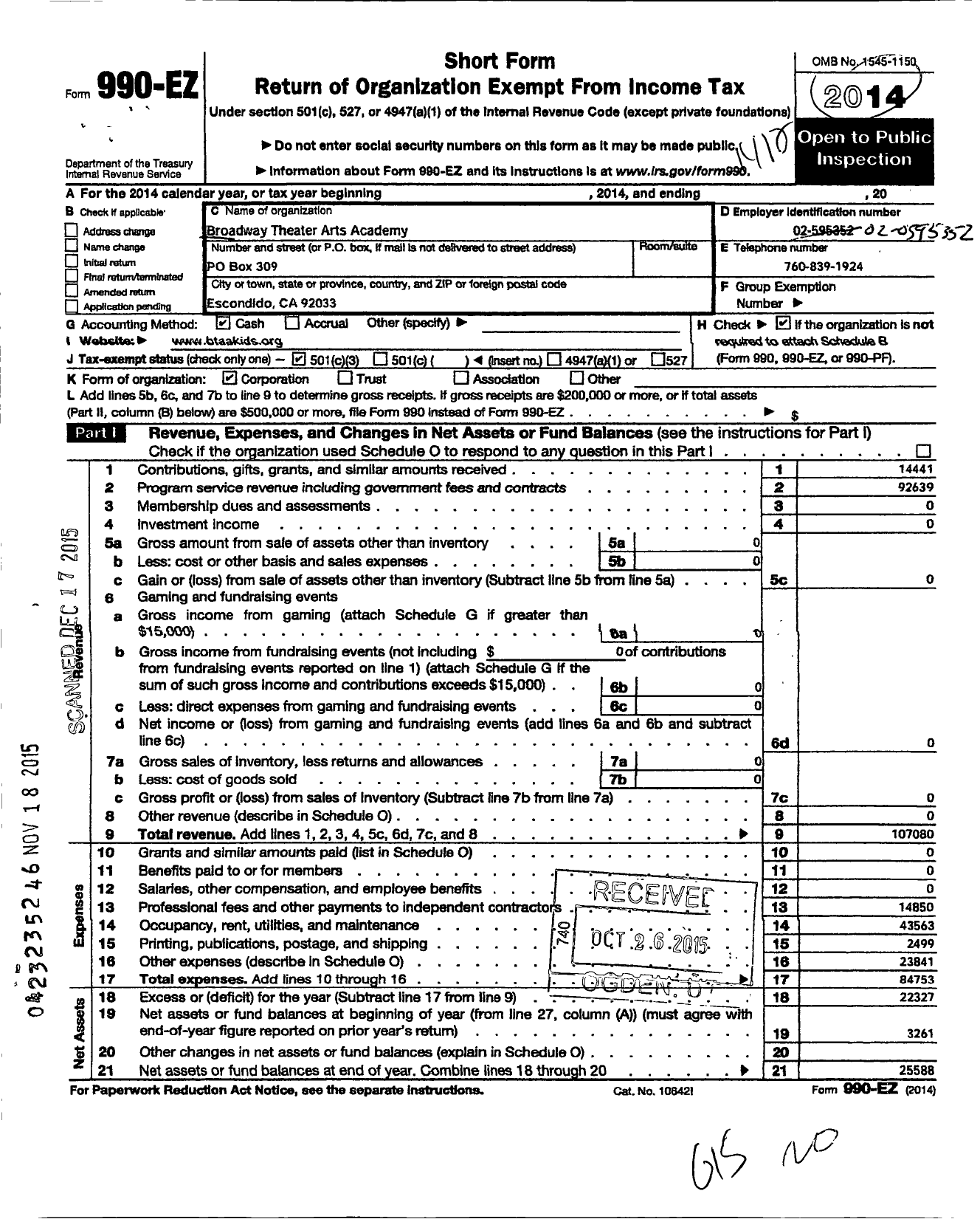 Image of first page of 2014 Form 990EZ for Broadway Theater Arts Academy