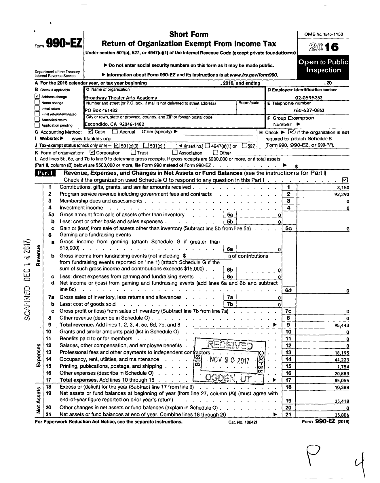 Image of first page of 2016 Form 990EZ for Broadway Theater Arts Academy