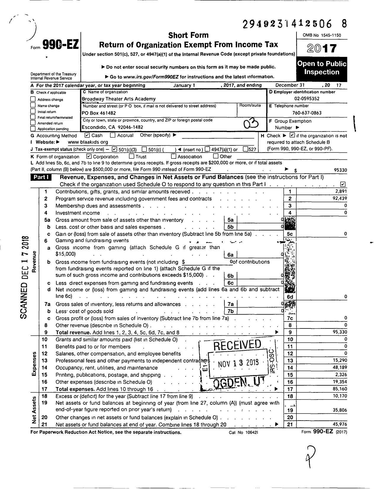 Image of first page of 2017 Form 990EZ for Broadway Theater Arts Academy