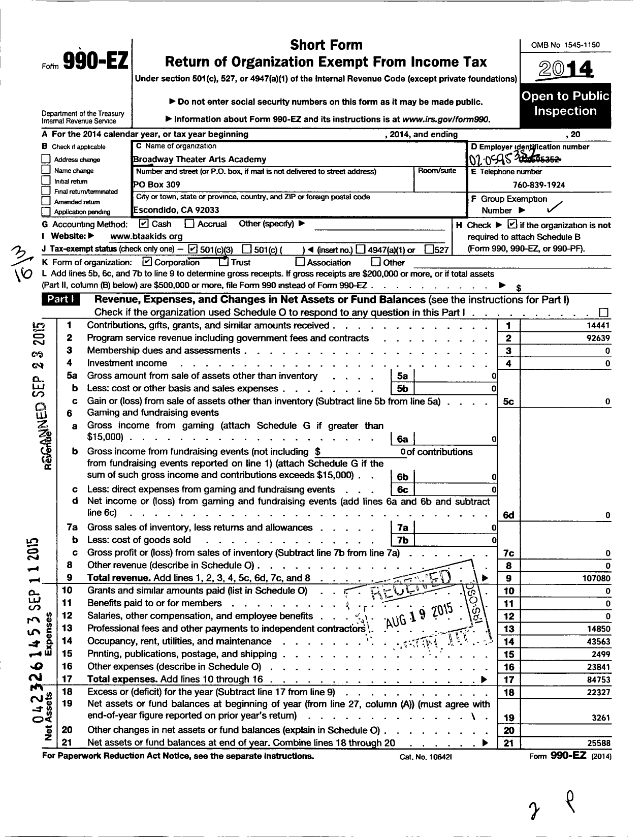 Image of first page of 2014 Form 990EZ for Broadway Theater Arts Academy