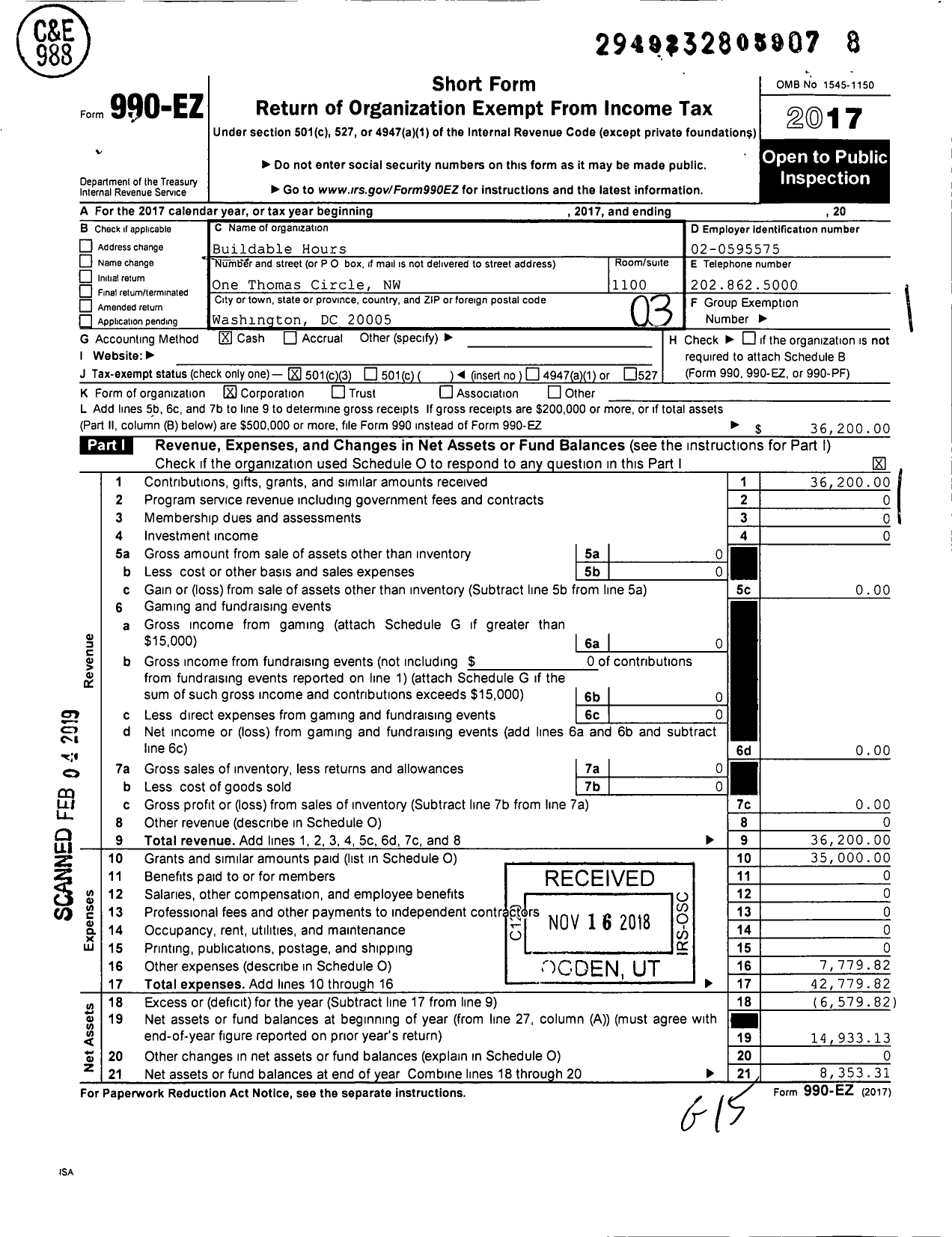 Image of first page of 2017 Form 990EZ for Buildable Hours