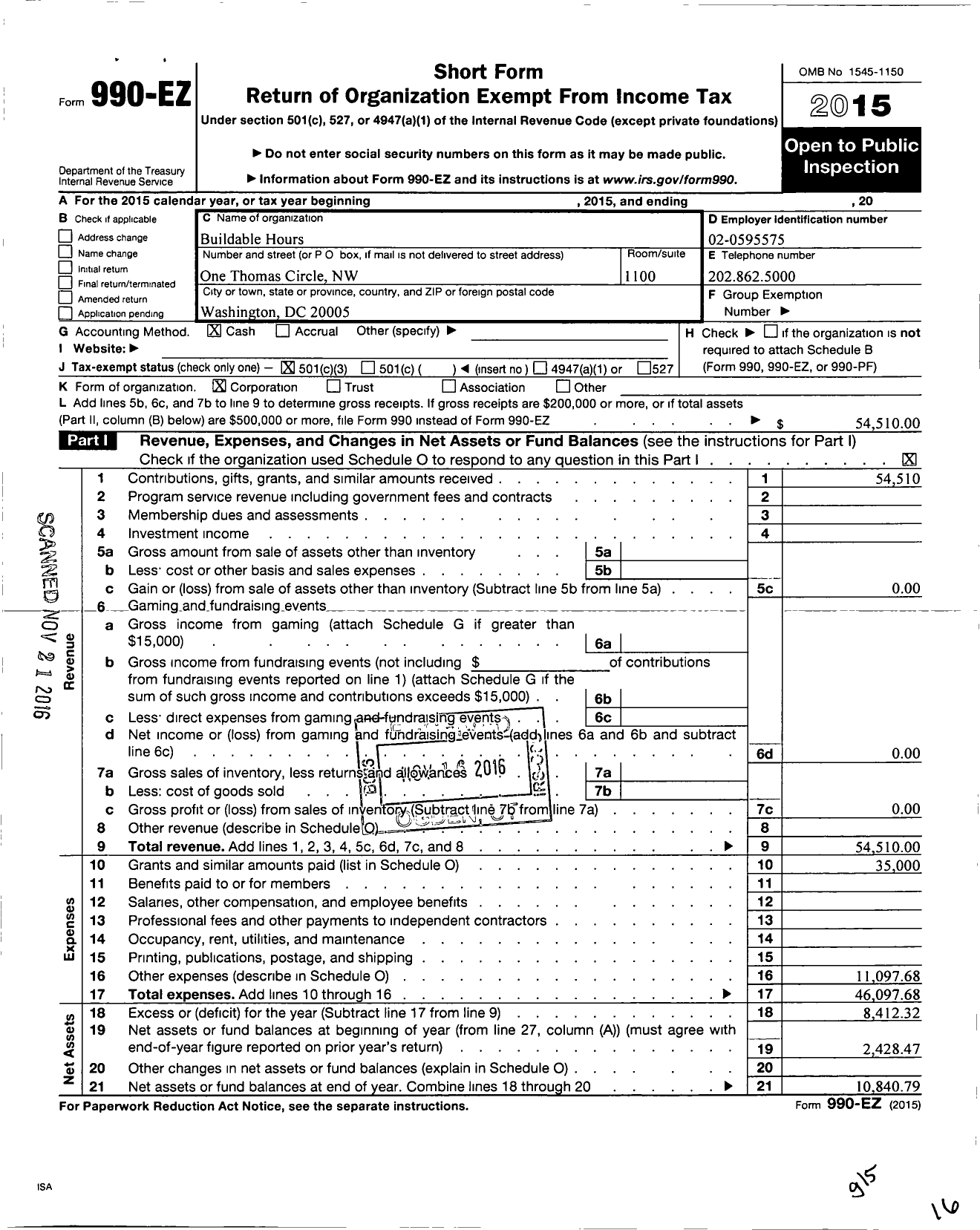 Image of first page of 2015 Form 990EZ for Buildable Hours