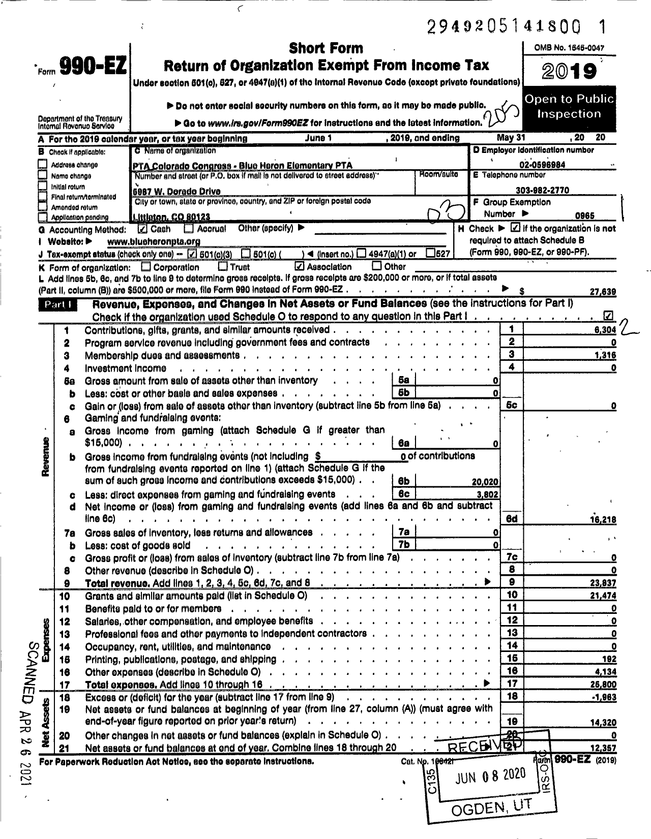 Image of first page of 2019 Form 990EZ for PTA Colorado Congress / Blue Heron Elementary School