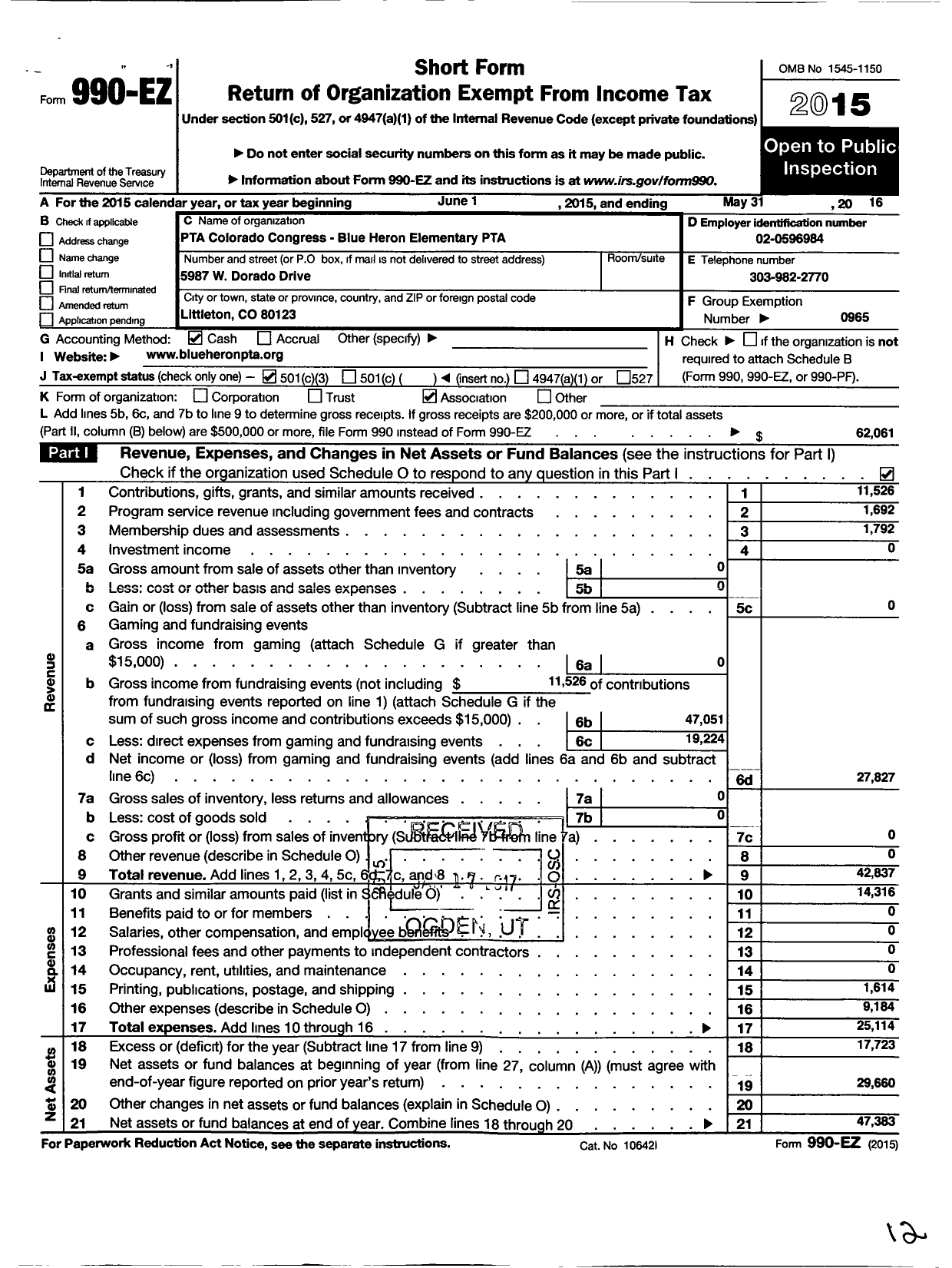 Image of first page of 2015 Form 990EZ for PTA Colorado Congress / Blue Heron Elementary School