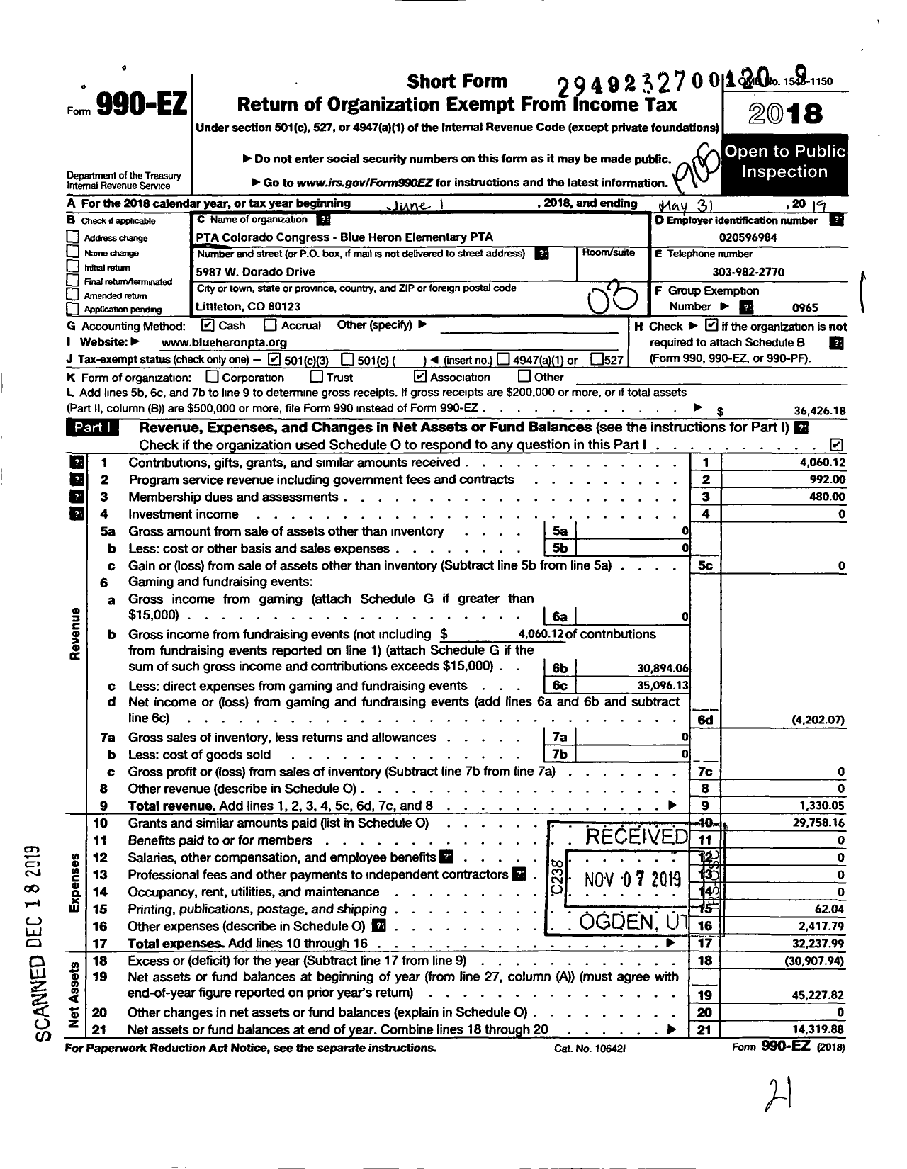 Image of first page of 2018 Form 990EZ for PTA Colorado Congress / Blue Heron Elementary School