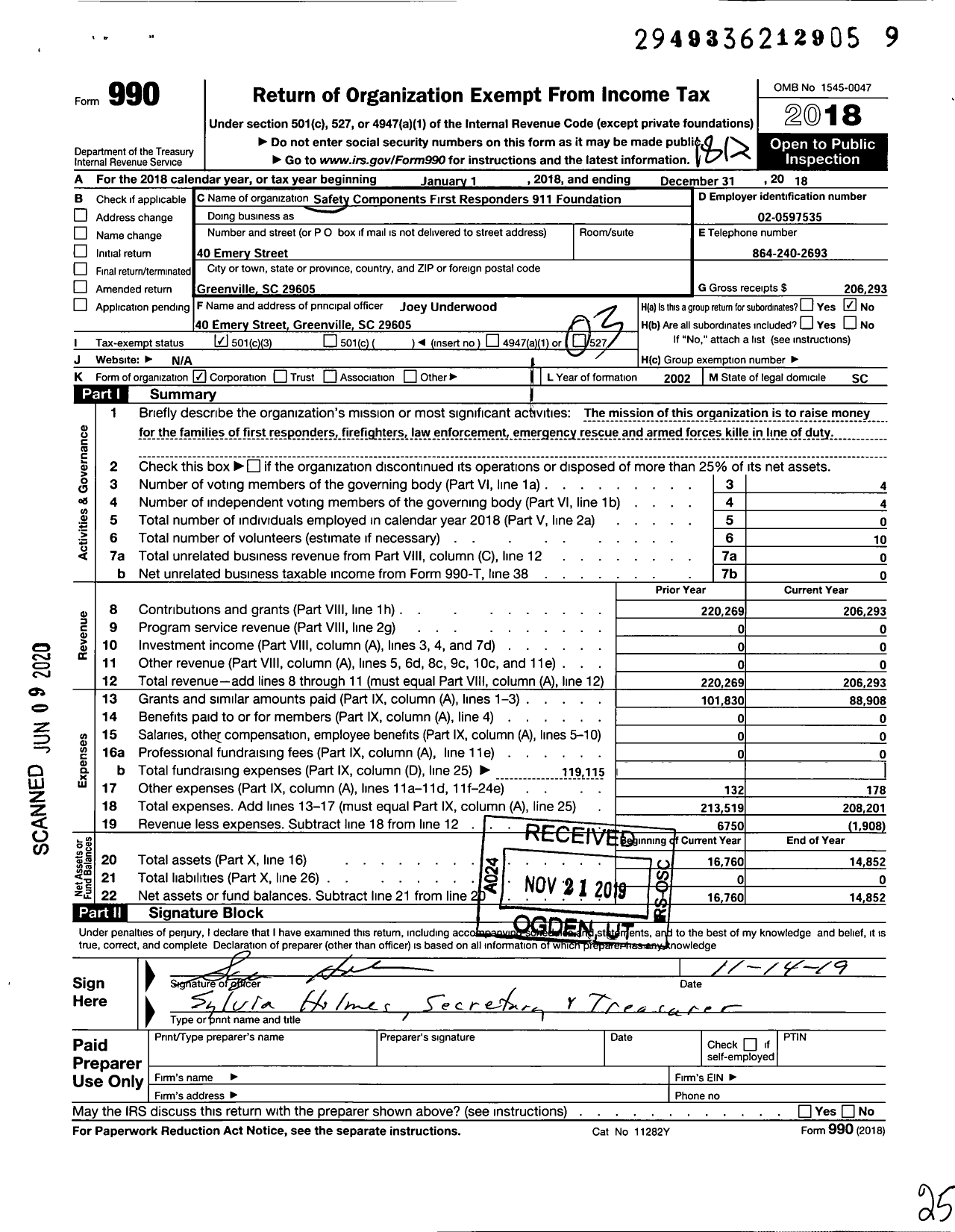 Image of first page of 2018 Form 990 for Safety Components First Responders 911 Foundation