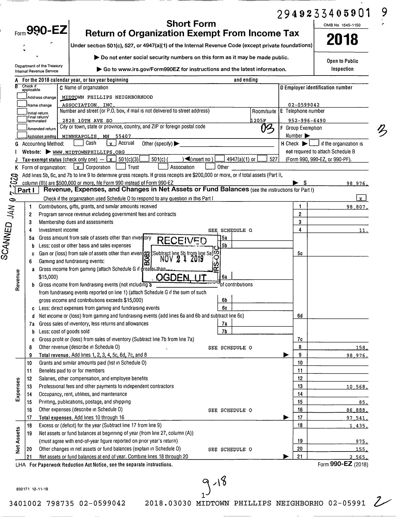 Image of first page of 2018 Form 990EZ for Midtown Phillips Neighborhood Association