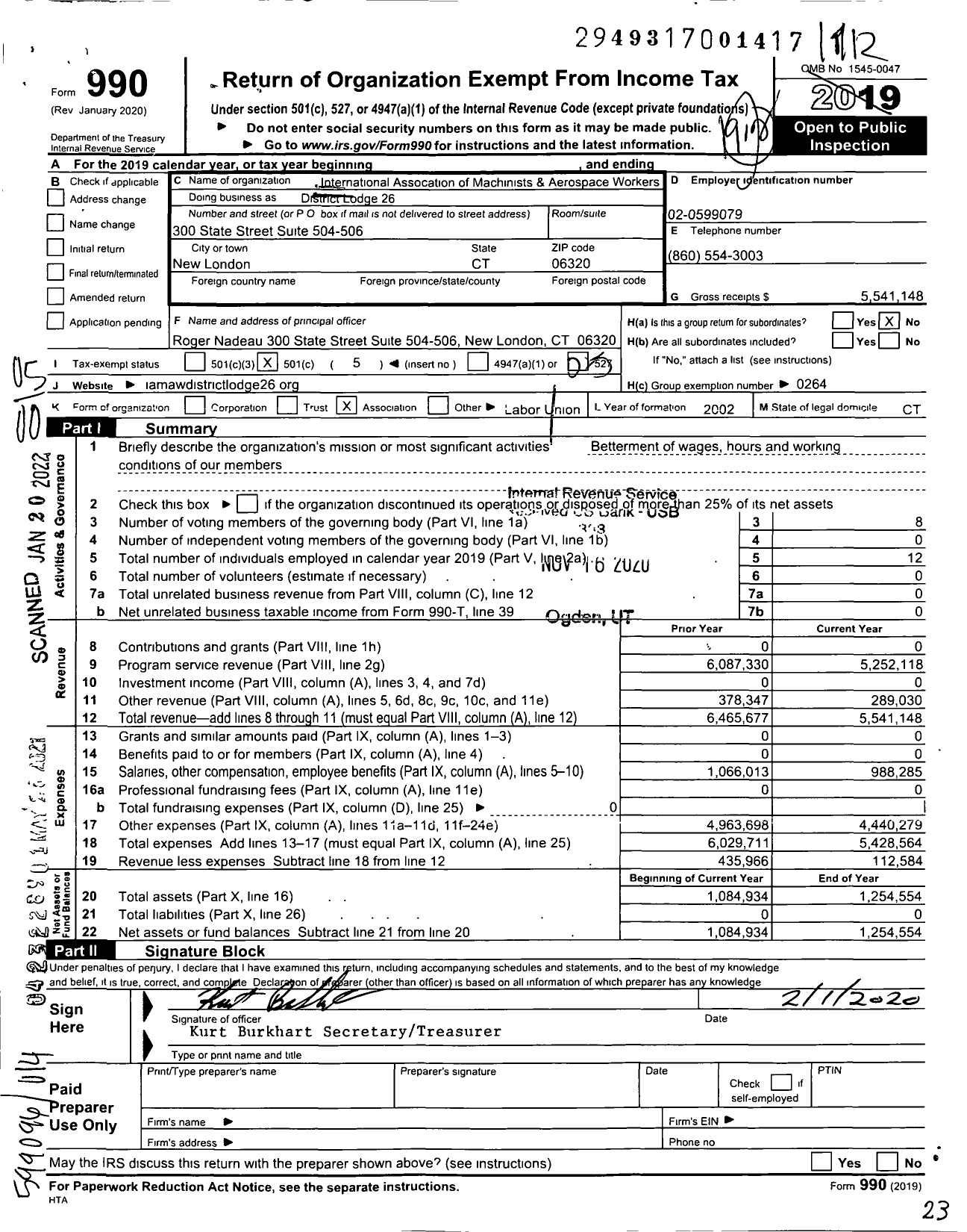 Image of first page of 2019 Form 990O for International Association of Machinists and Aerospace Workers - District Lodge 26