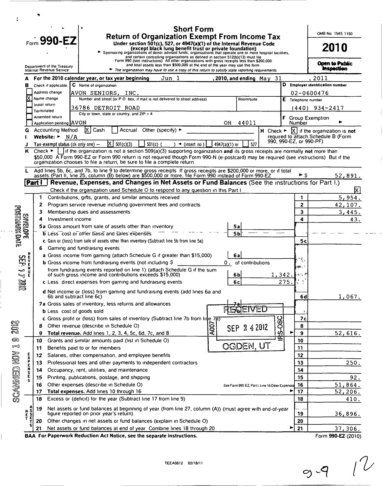 Image of first page of 2010 Form 990EZ for Avon Seniors