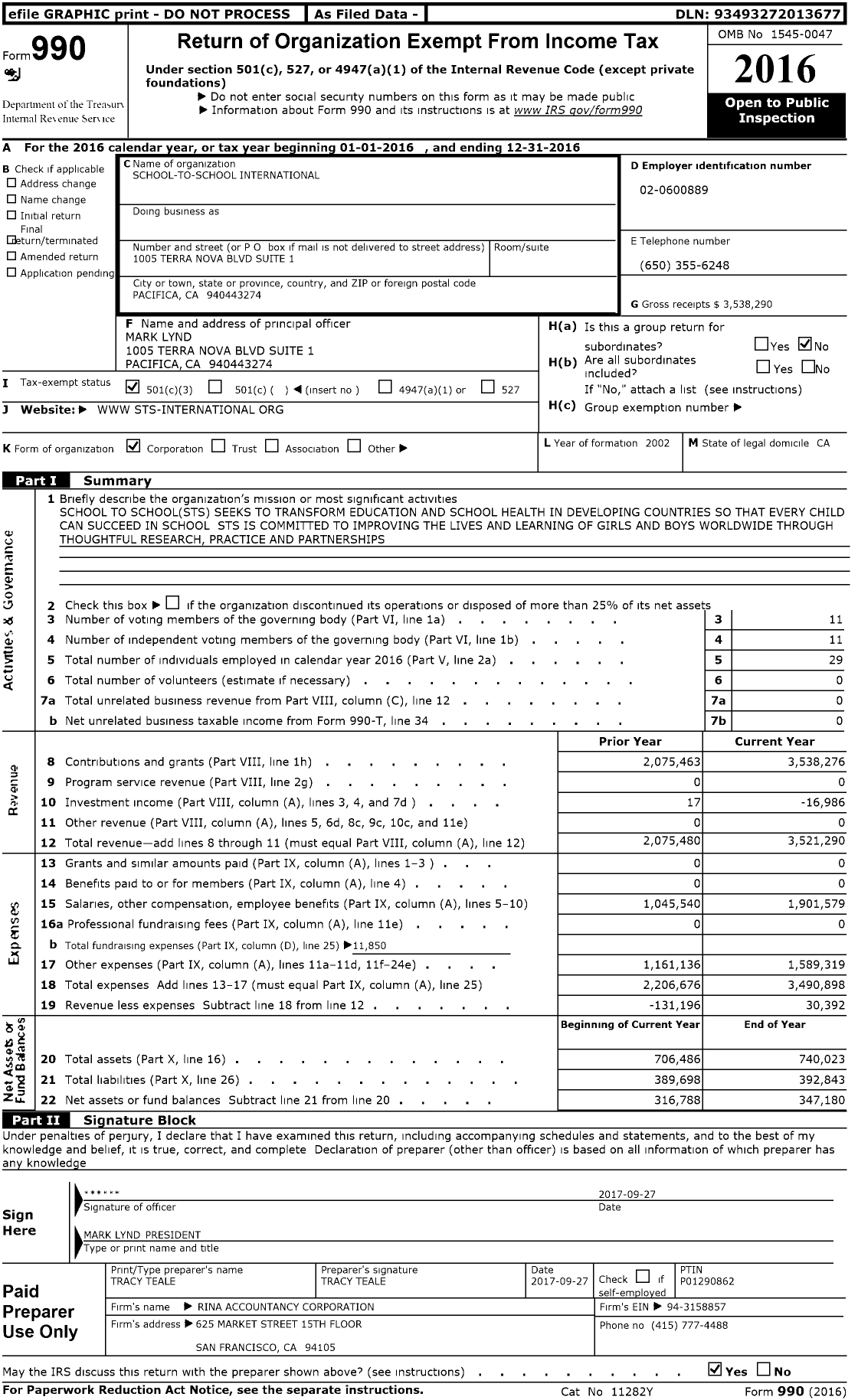 Image of first page of 2016 Form 990 for School-to-School International (STS)