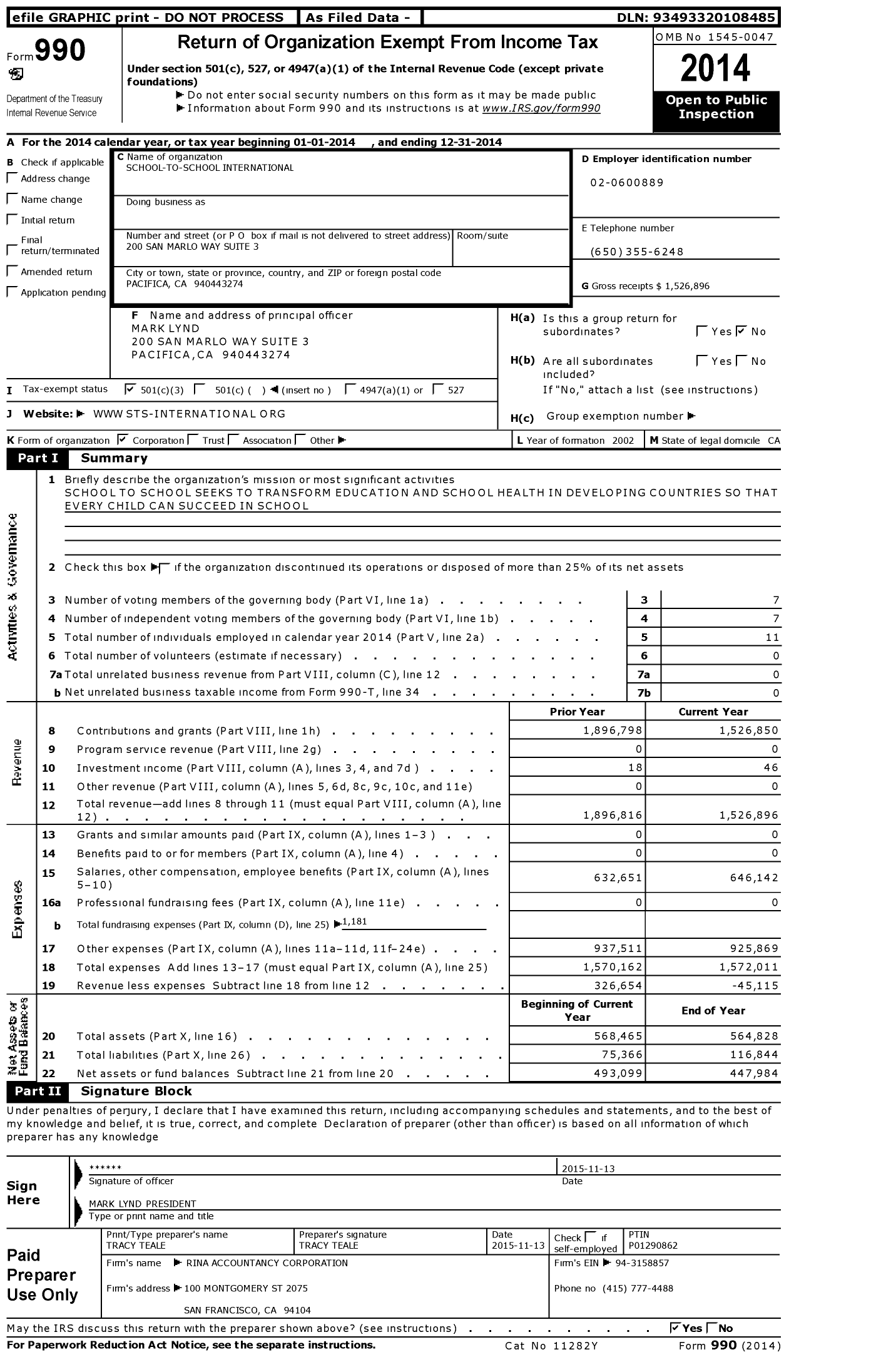 Image of first page of 2014 Form 990 for School-to-School International (STS)