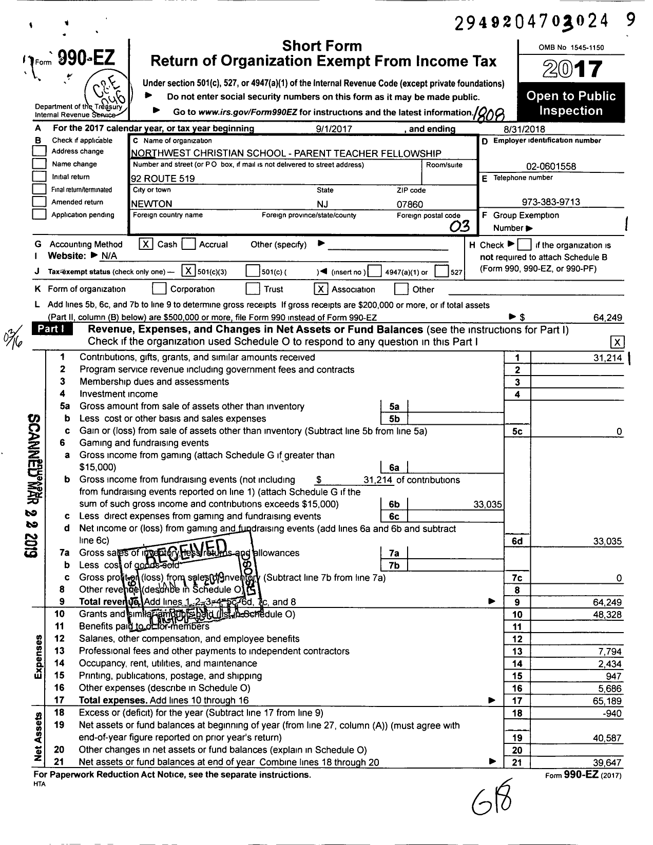 Image of first page of 2017 Form 990EZ for Northwest Christian School PTF