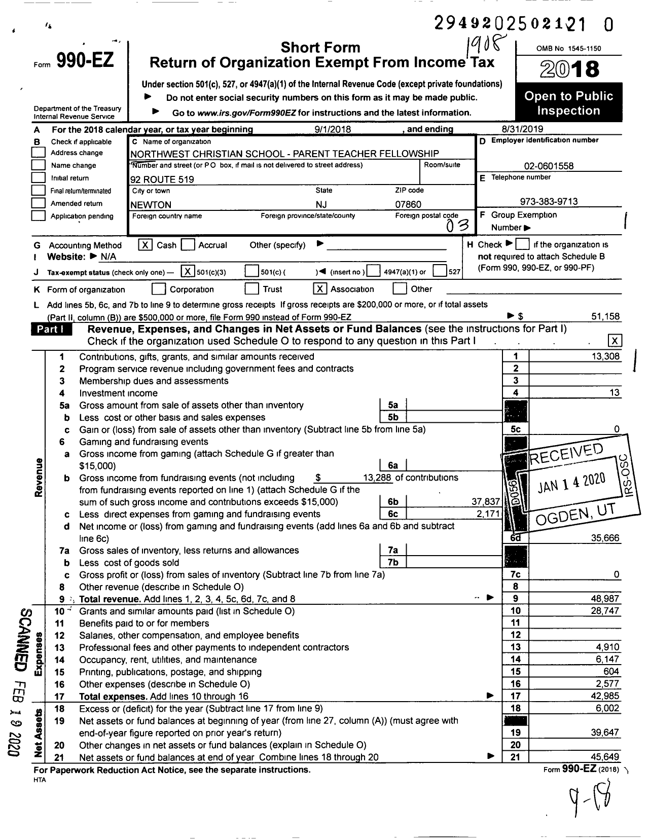 Image of first page of 2018 Form 990EZ for Northwest Christian School PTF