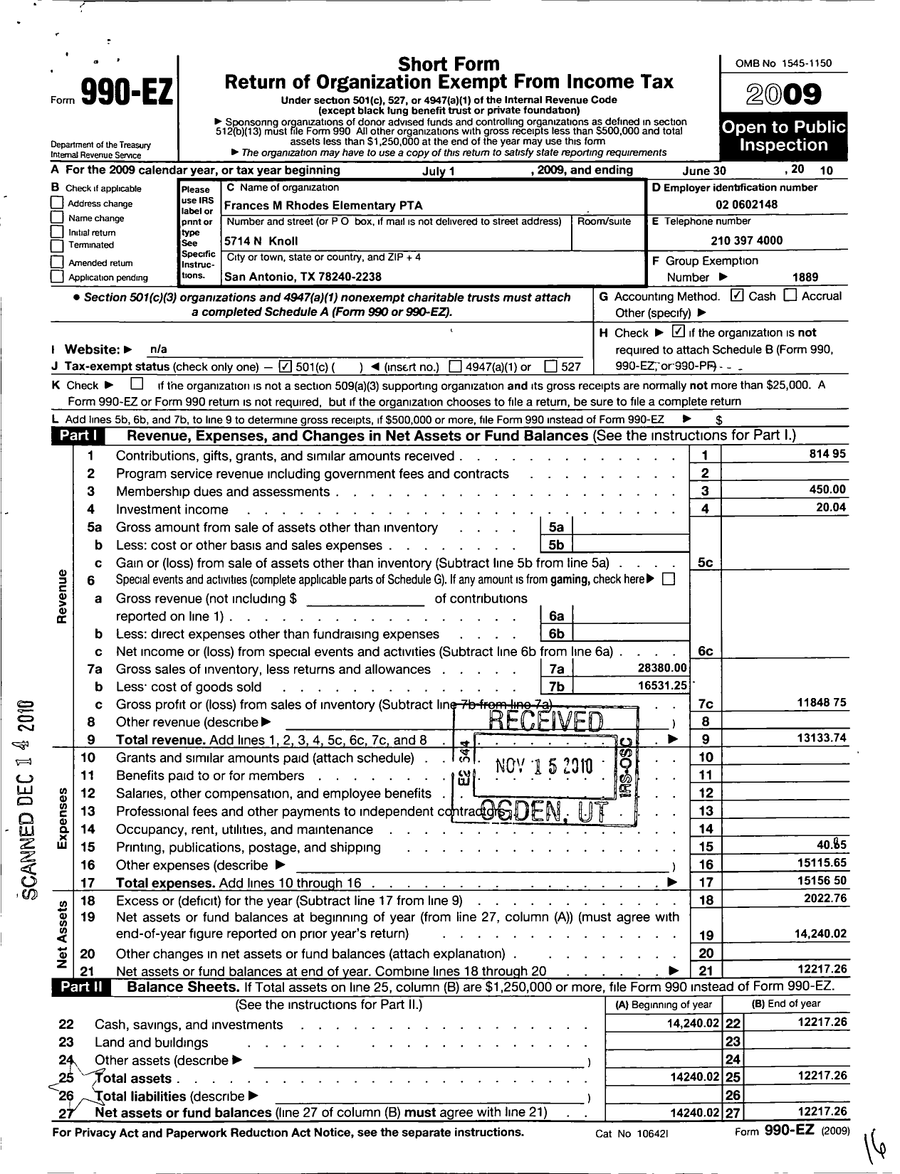 Image of first page of 2009 Form 990EO for Texas PTA - Frances M Rhodes Elementary School