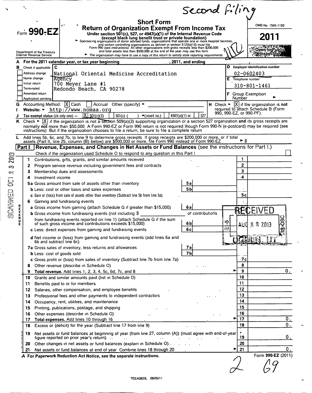 Image of first page of 2011 Form 990EZ for National Accreditation Agency for Oriental Medicine