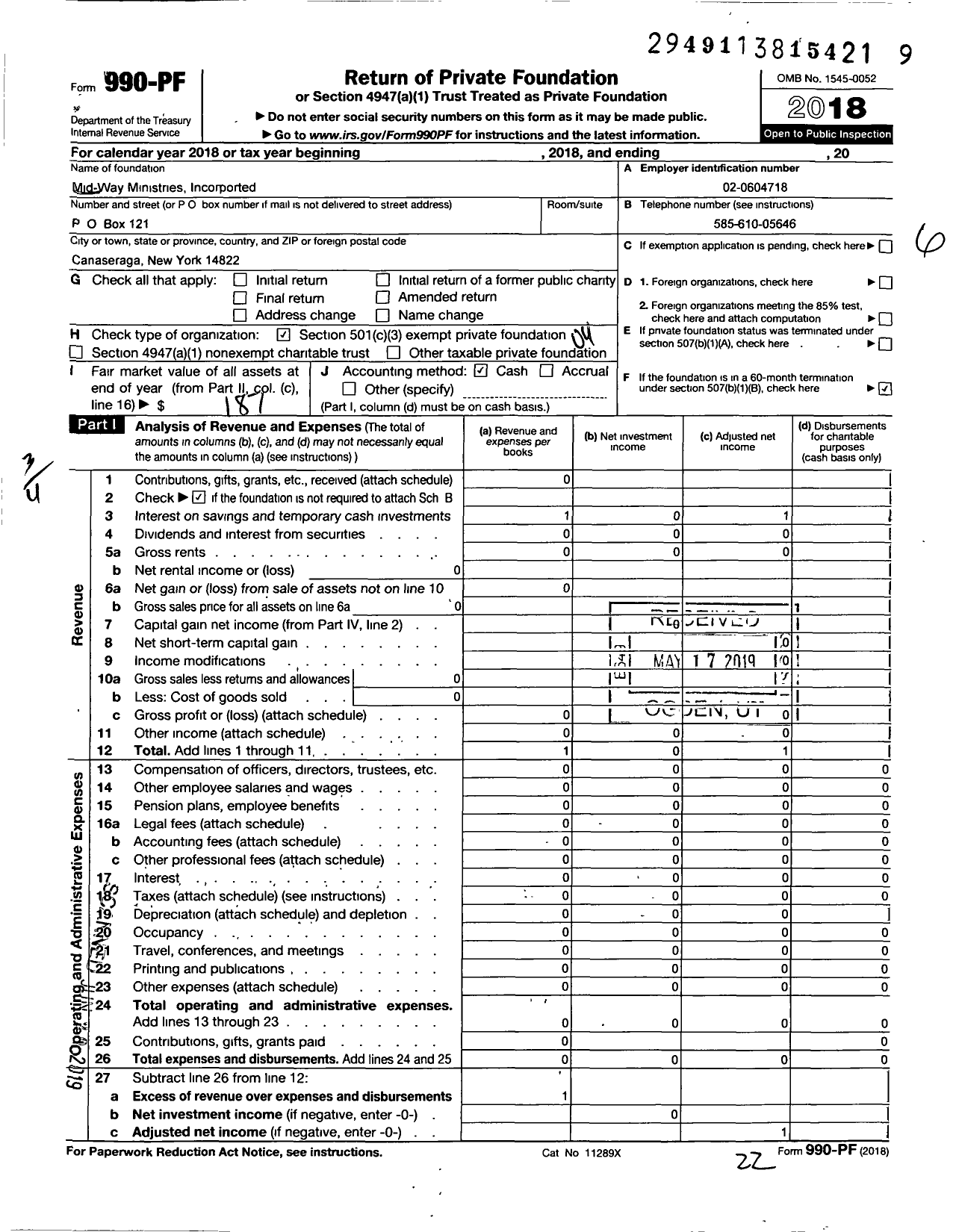 Image of first page of 2018 Form 990PF for Mid-Way Ministries Incorporated