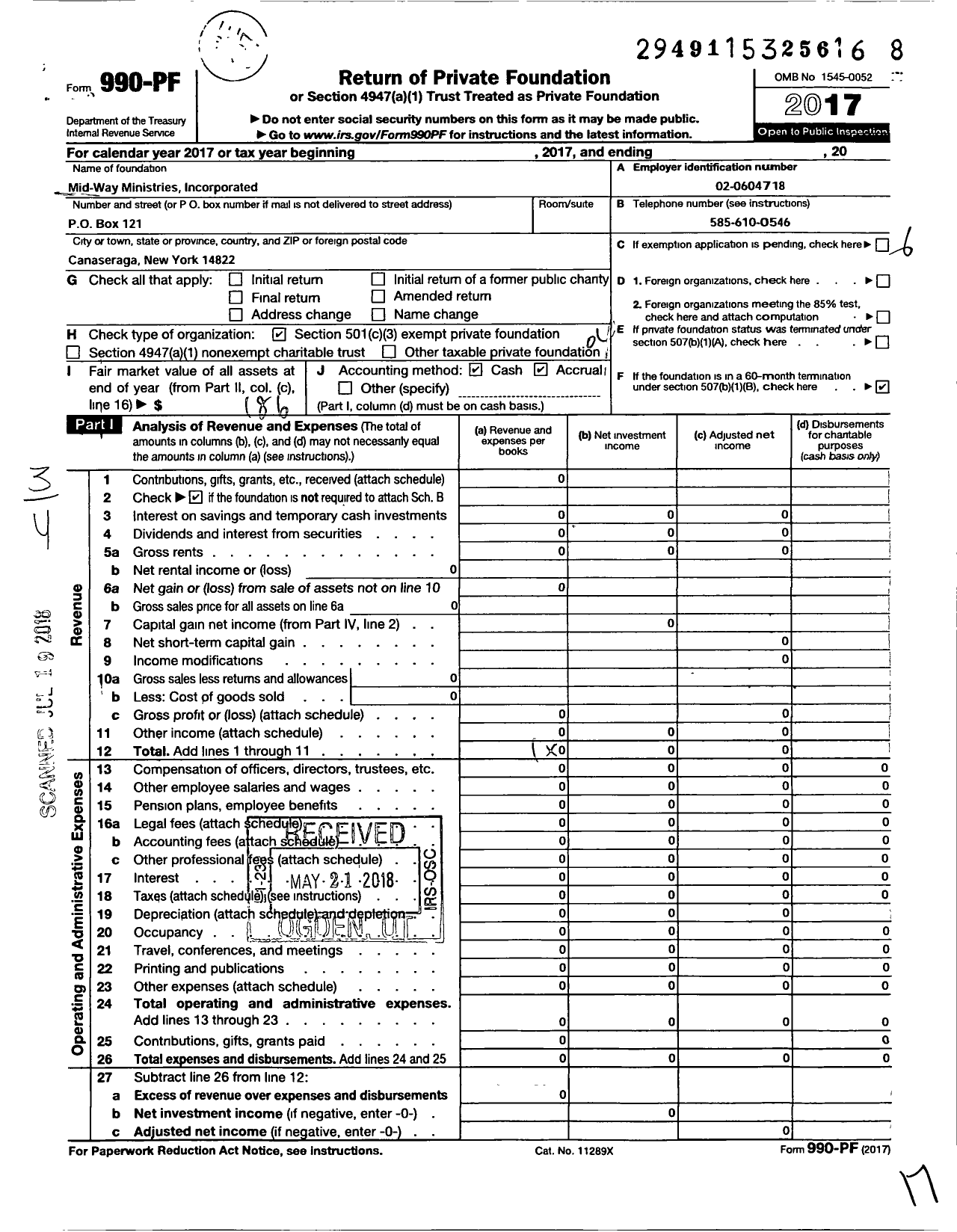 Image of first page of 2017 Form 990PF for Mid-Way Ministries Incorporated