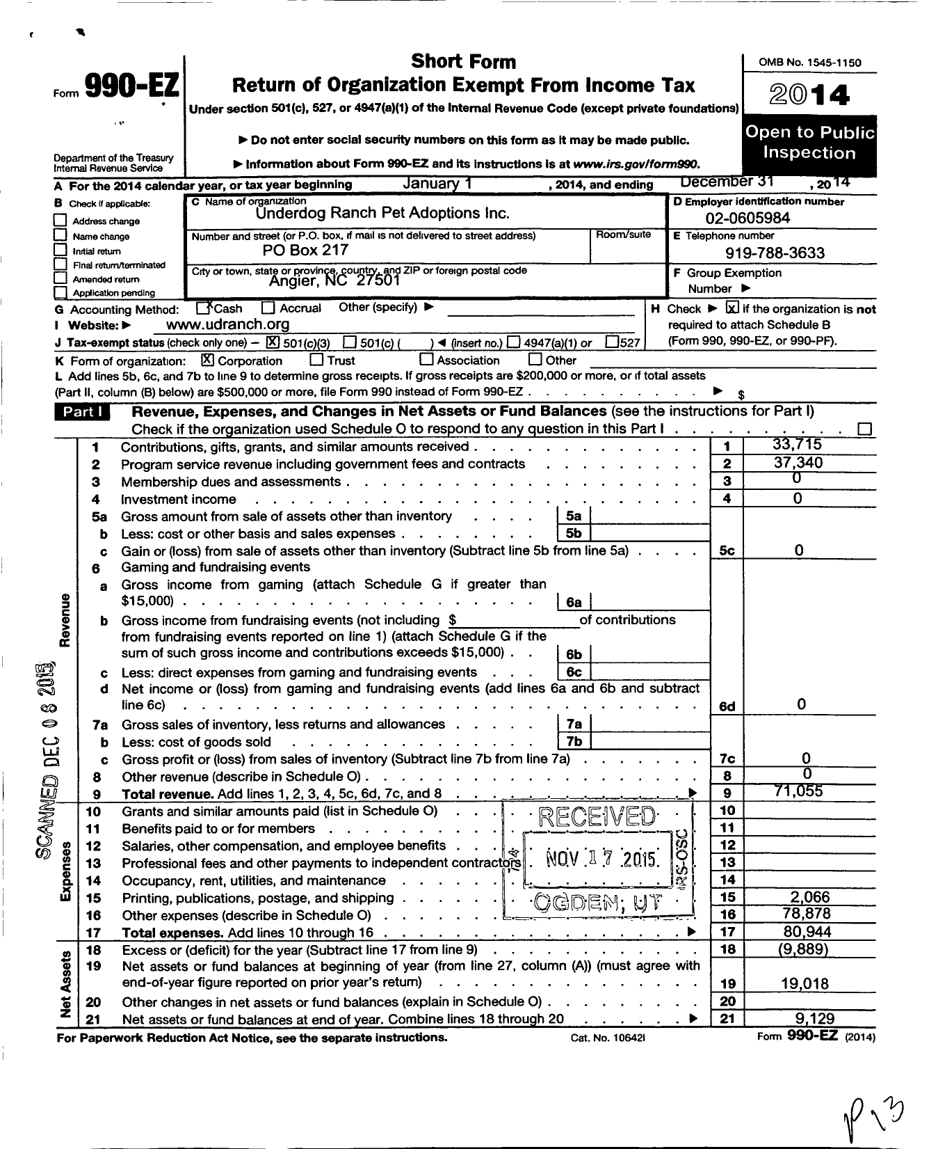 Image of first page of 2014 Form 990EZ for Underdog Ranch Pet Adoptions