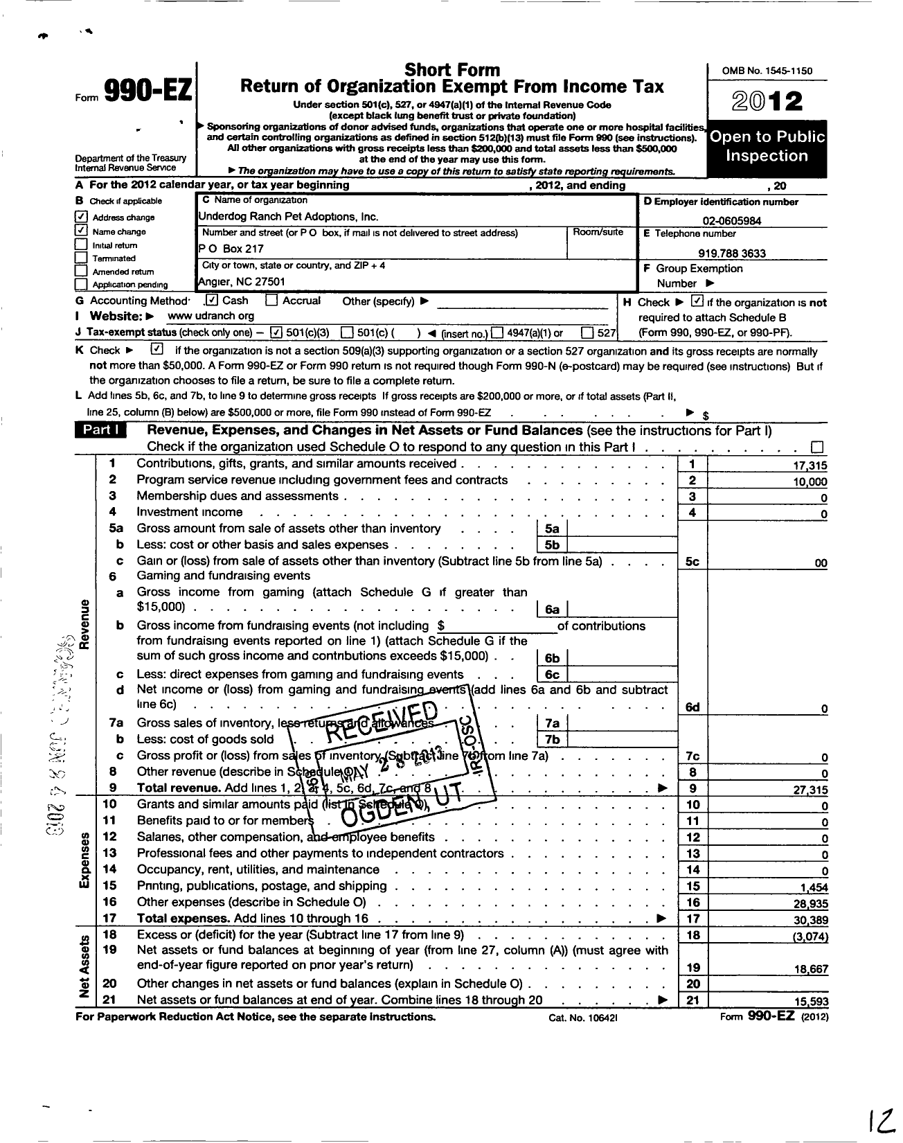 Image of first page of 2012 Form 990EZ for Underdog Ranch Pet Adoptions