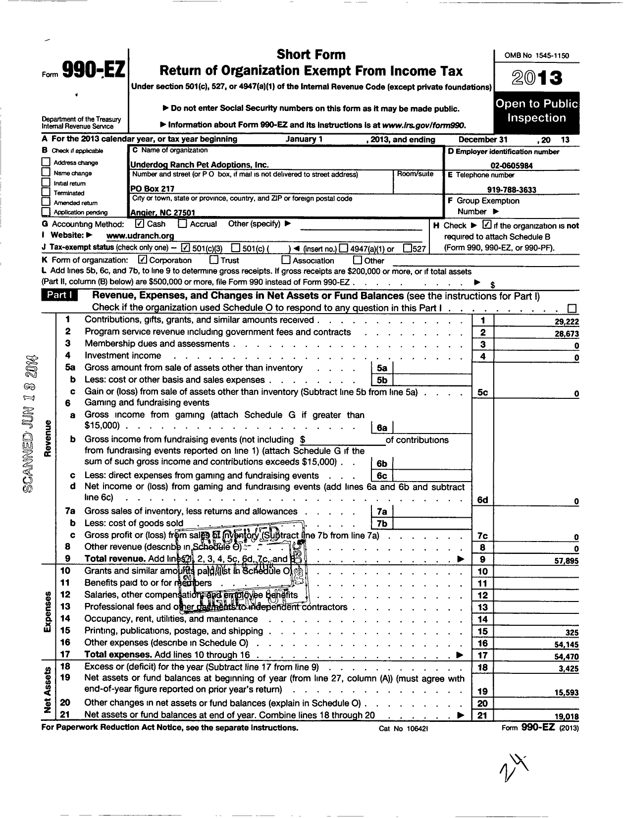 Image of first page of 2013 Form 990EZ for Underdog Ranch Pet Adoptions