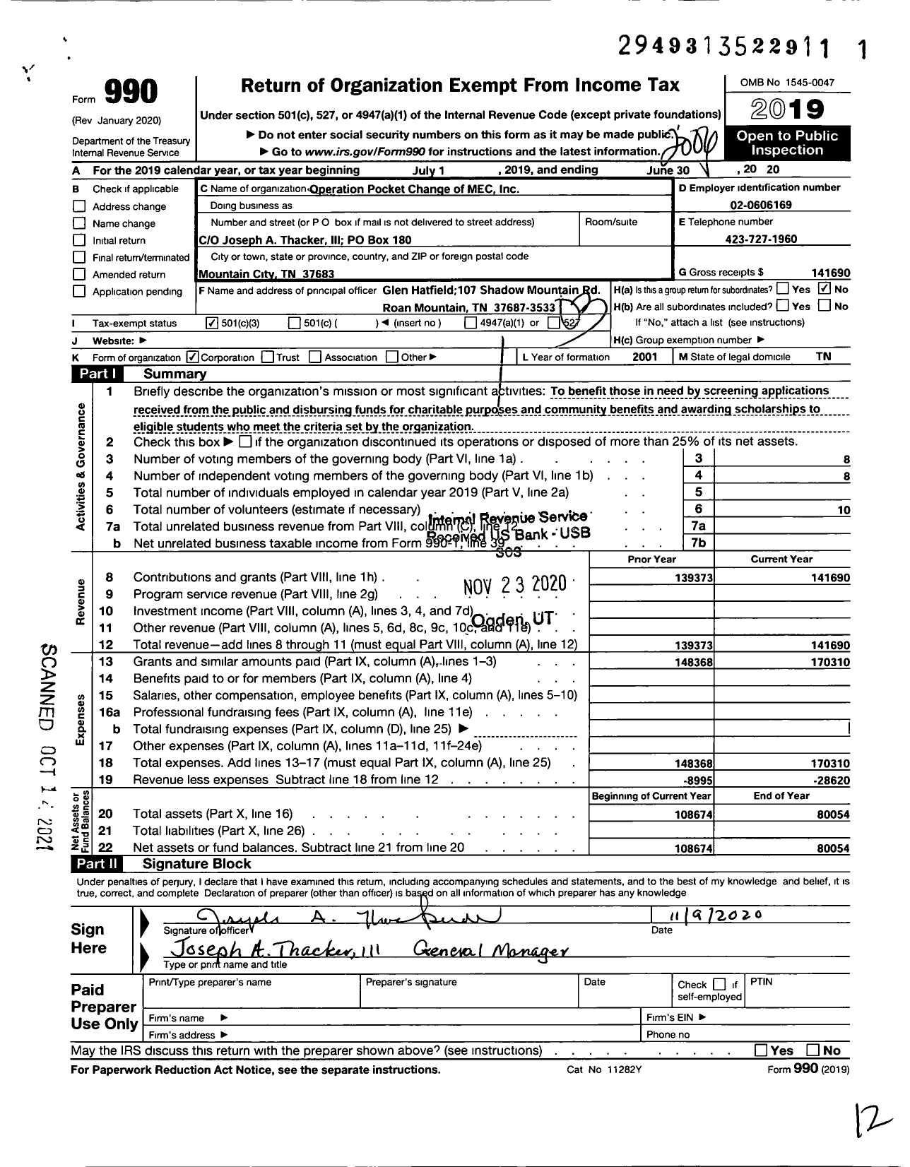 Image of first page of 2019 Form 990 for Operation Pocket Change of Mec